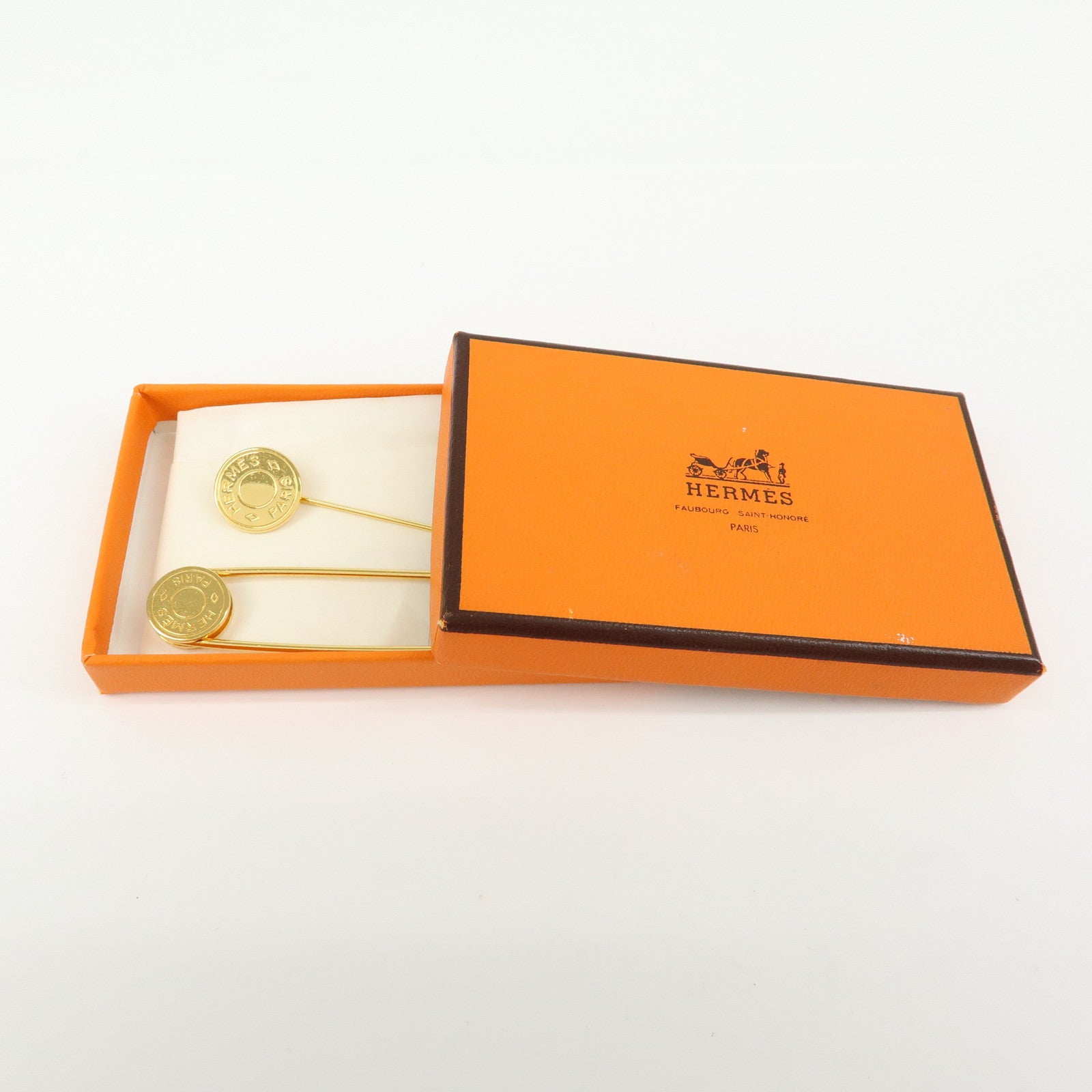 HERMES Sellier Set of 2 Metal Pin Brooch Gold