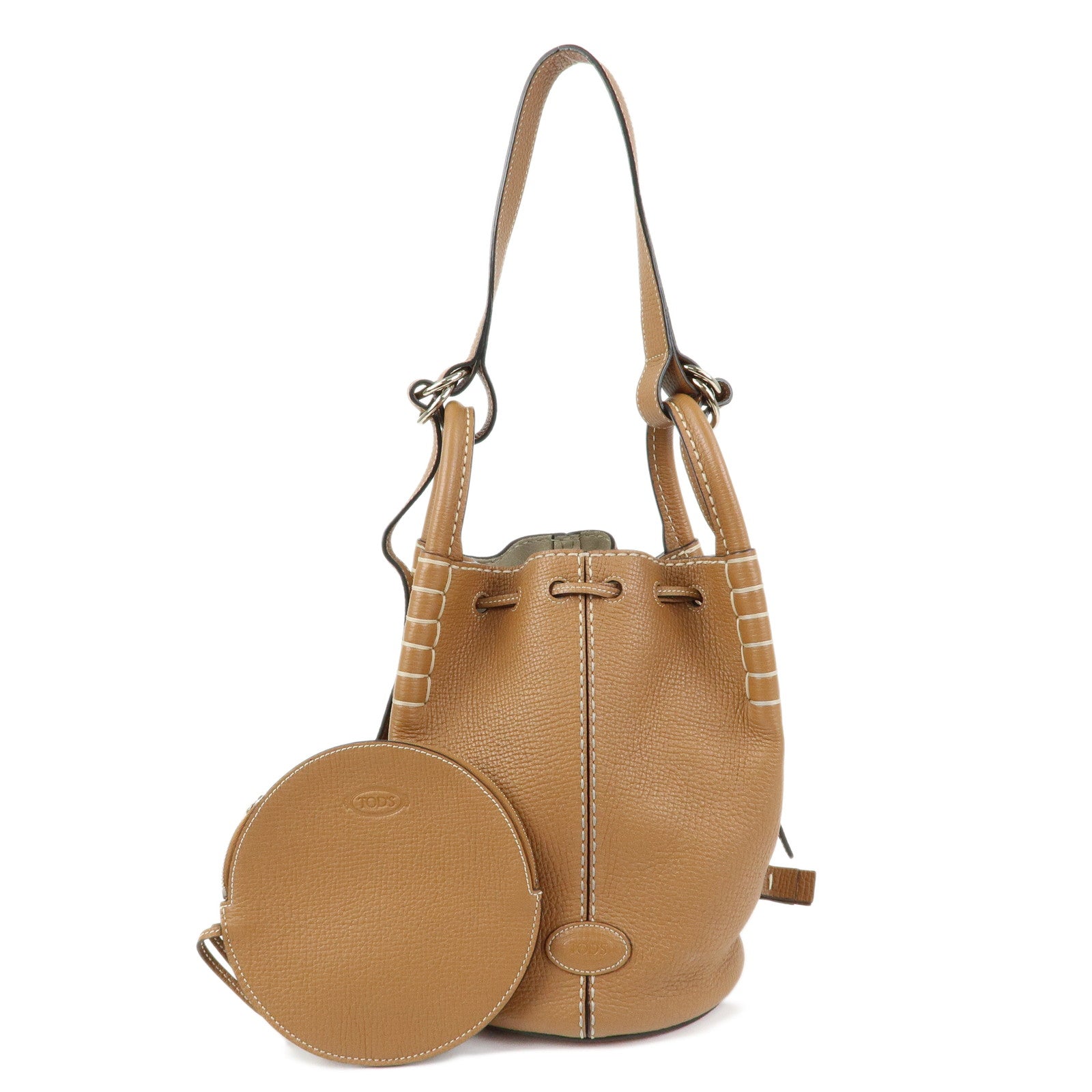 TOD'S T Timeless Leather 2Way Drawstring Bag Hand Bag Light Brown