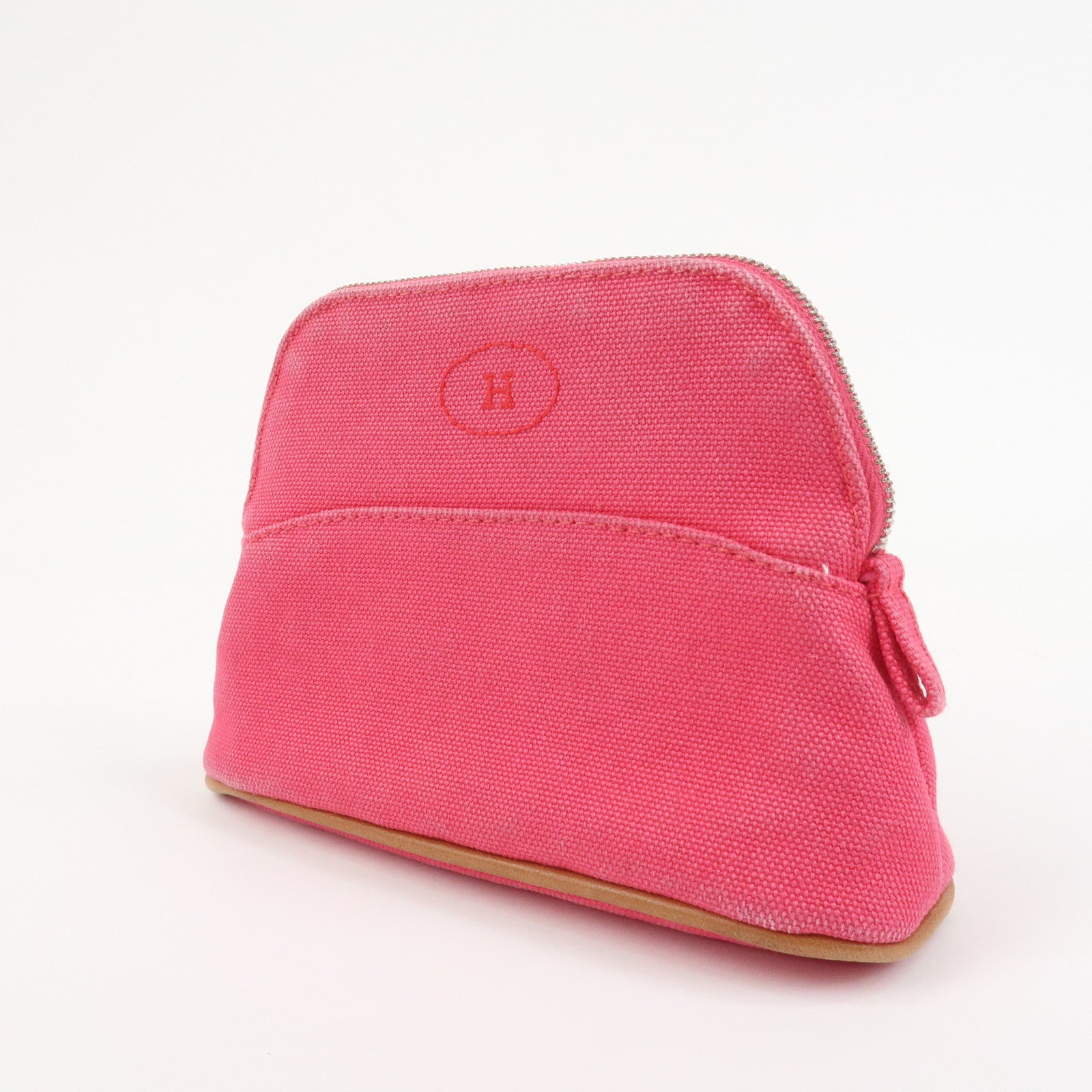 HERMES Canvas Leather Bolide Pouch Cosmetic Pouch Makeup Bag Pink