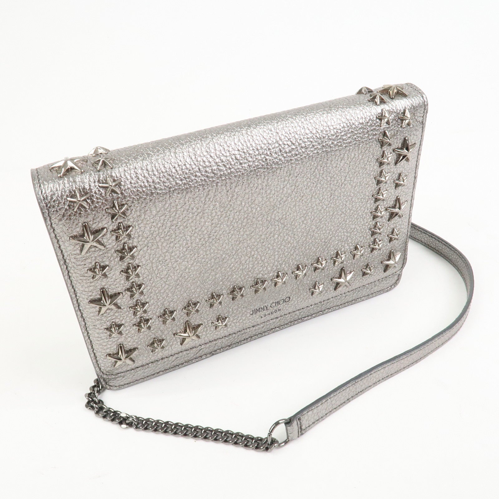 JIMMY CHOO 2Way Leather Chain Shoulder Bag Crossbody Bag Silver