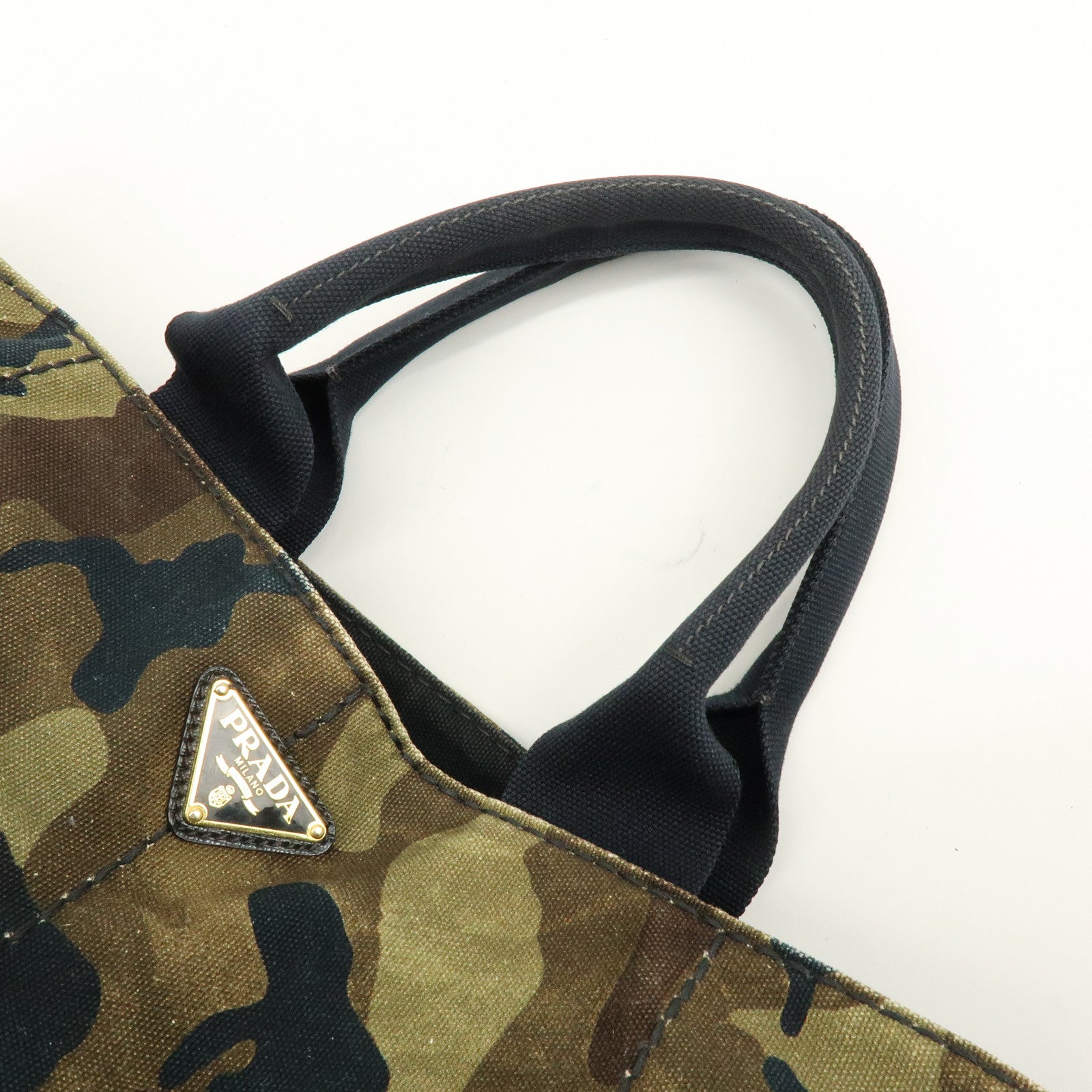 PRADA Canapa Large Tote Bag Hand Bag Khaki Black Brown BN1872