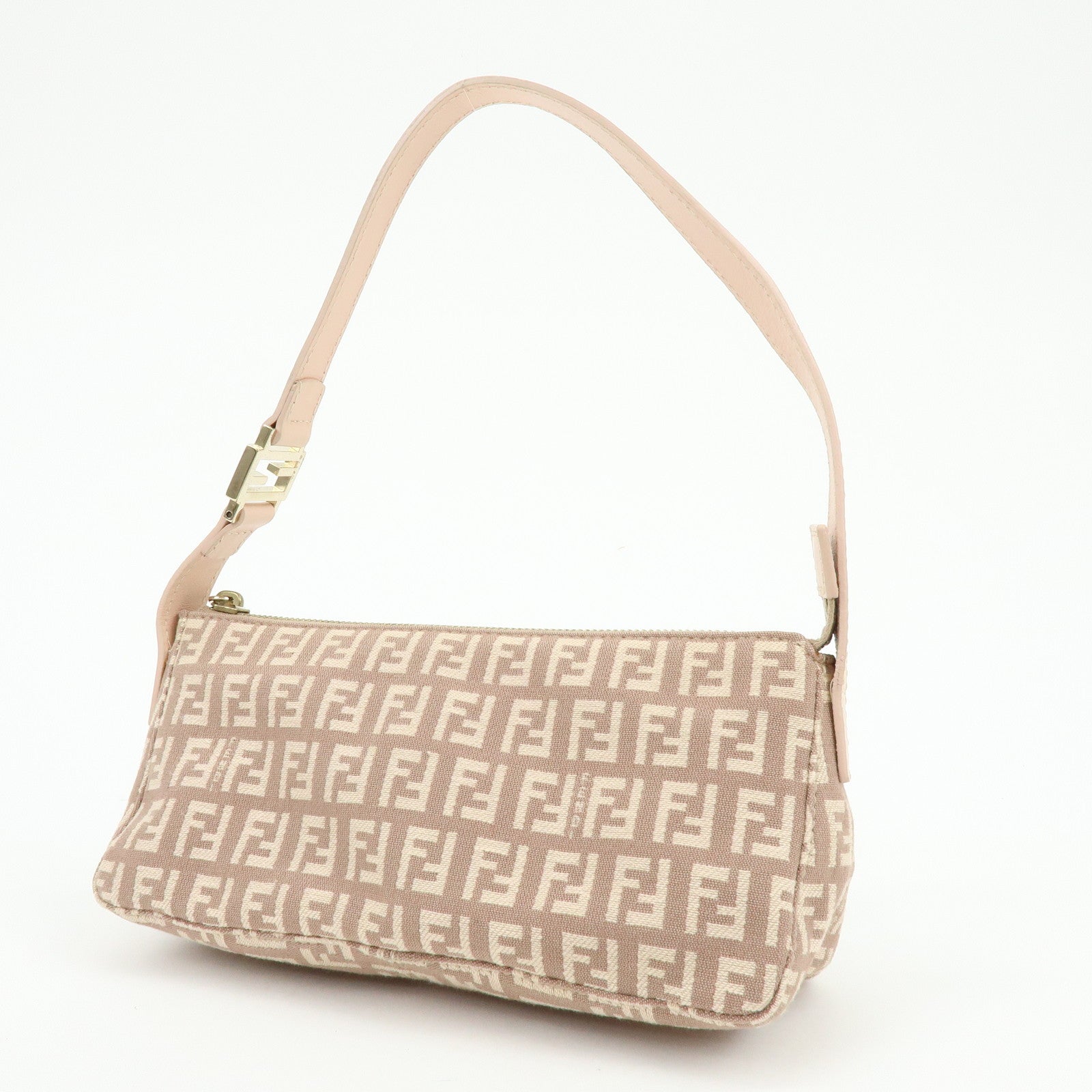 FENDI Zucchino Canvas Leather Hand Bag Pink Beige 8BR443