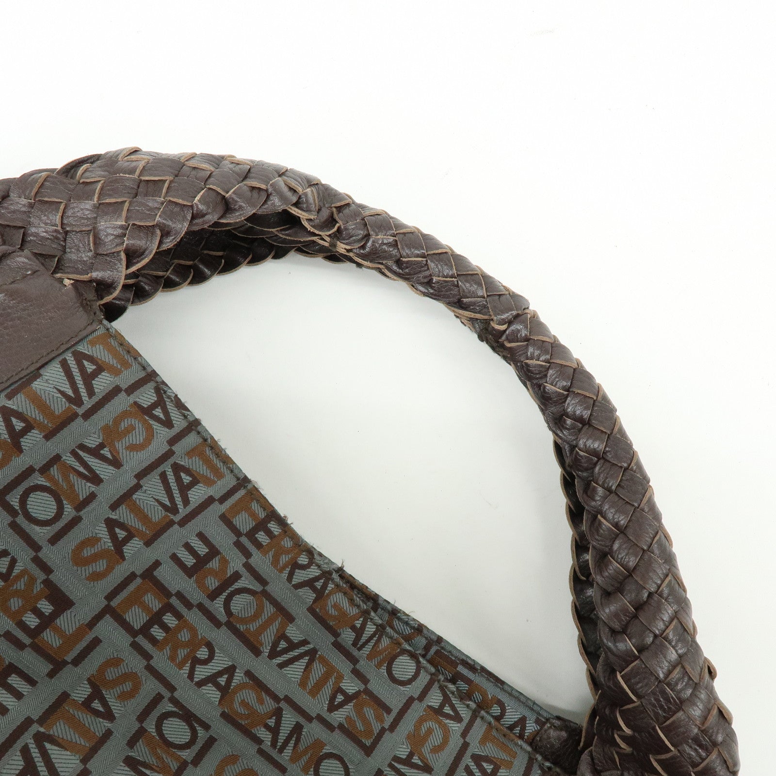 Ferragamo Gancini Canvas Leather Tote Bag Shoulder Bag Brown