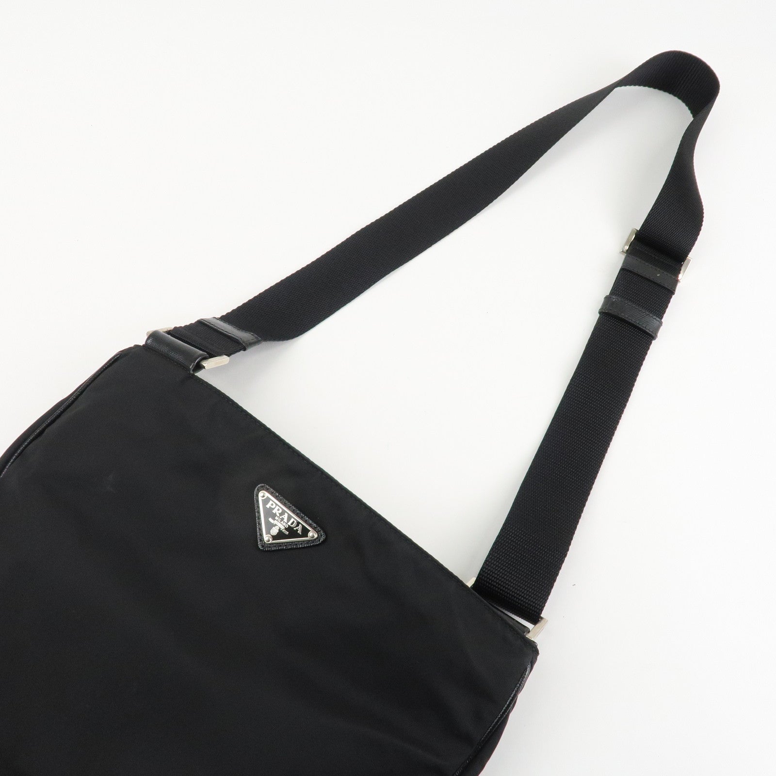 PRADA Triangle Logo Nylon Leather Shoulder Bag Silver HDW Black Used