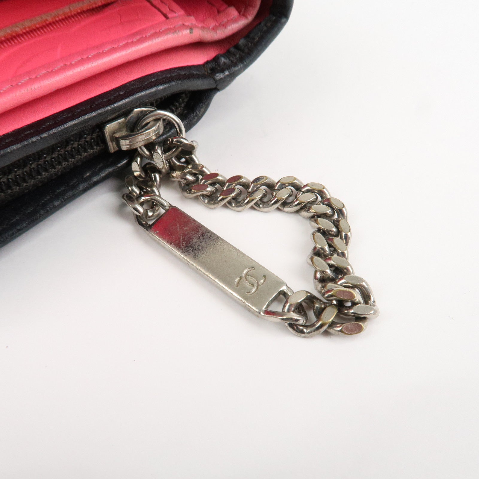 CHANEL Cambon Line COCO Mark Bifold Wallet Black Pink A50080 Used