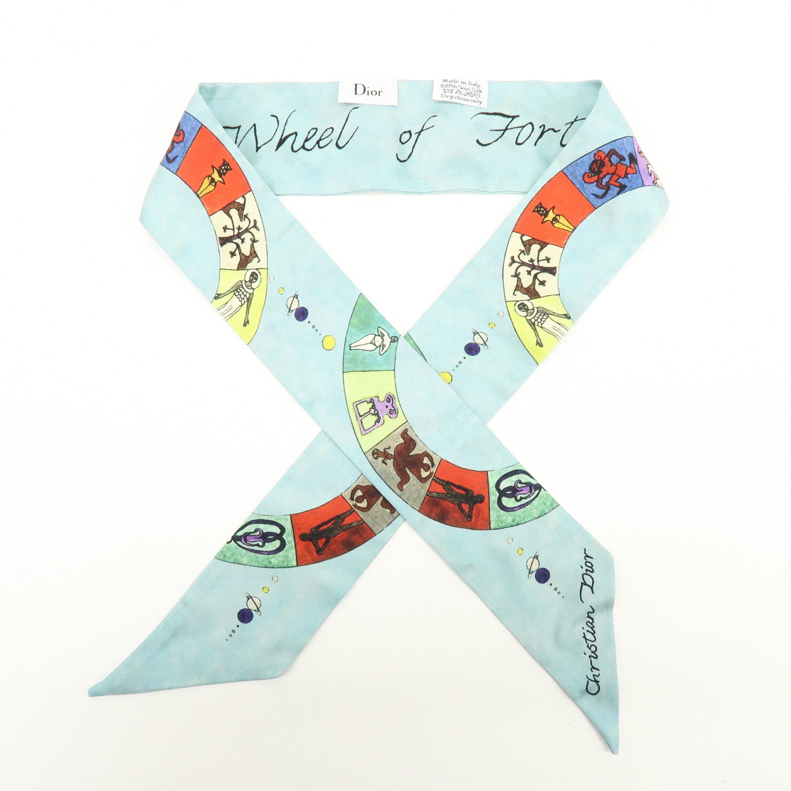 Christian Dior Mitzah Silk 100% Scarf Zodiac Horoscope Light Blue