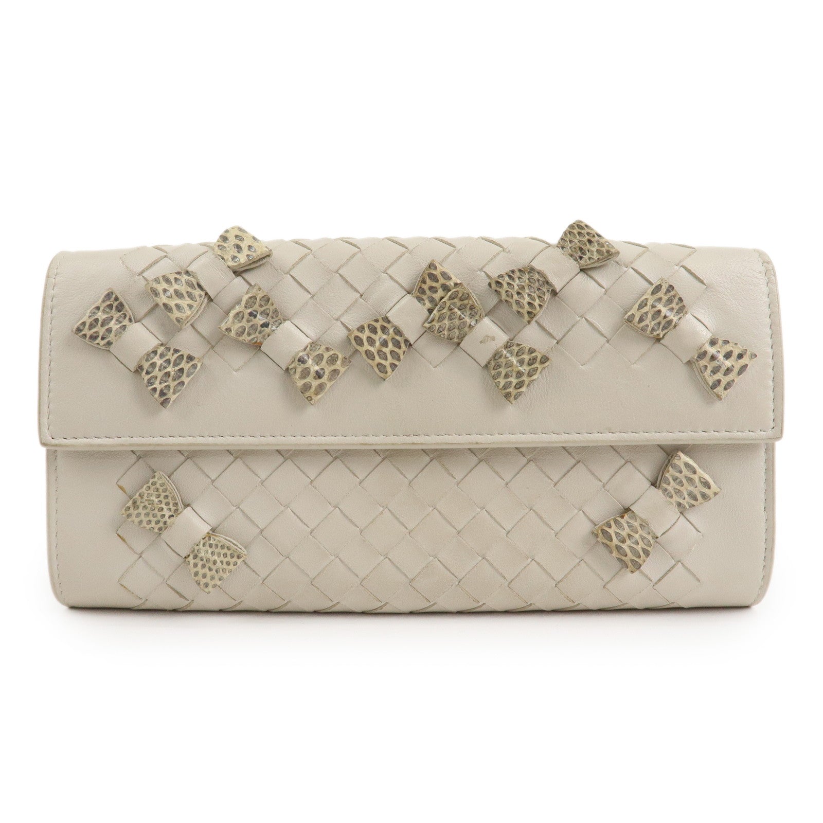 BOTTEGA VENETA Intrecciato Leather Long Wallet Ribbon Ivory Used