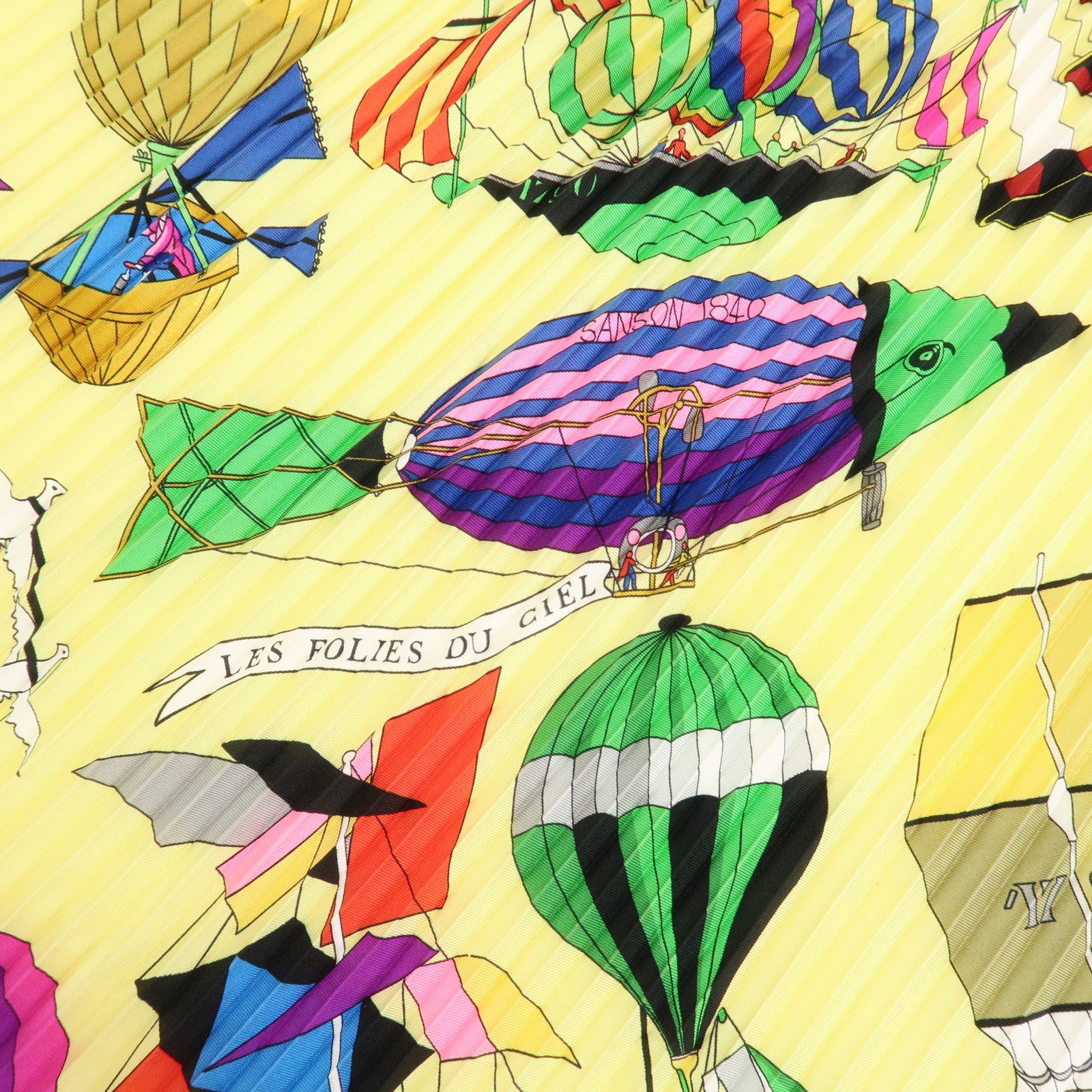 HERMES pleats Carre 90 Silk 100% Scarf Yellow Green Purple Red Used