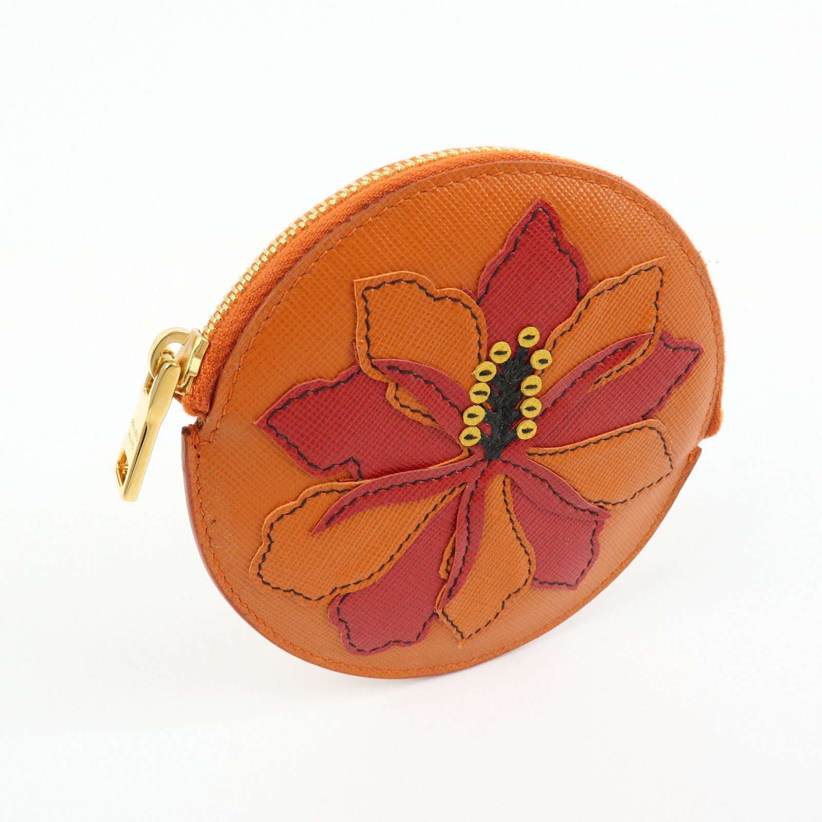 PRADA Saffiano Leather Flower Motif Round Coin Case Orange 1M1400