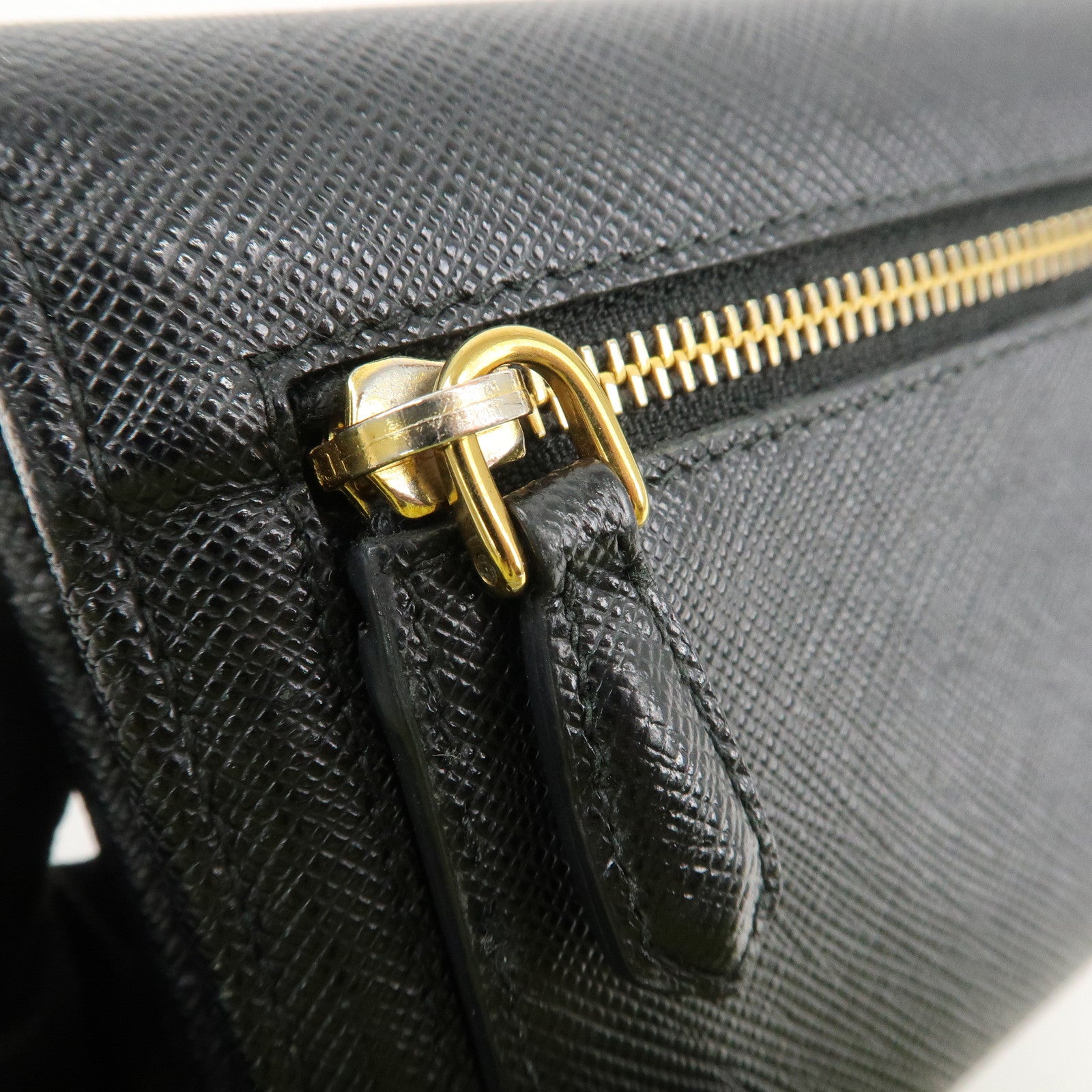 PRADA Saffiano Leather Flap Bi-Fold Long Wallet Black Gold 1MH132 Used