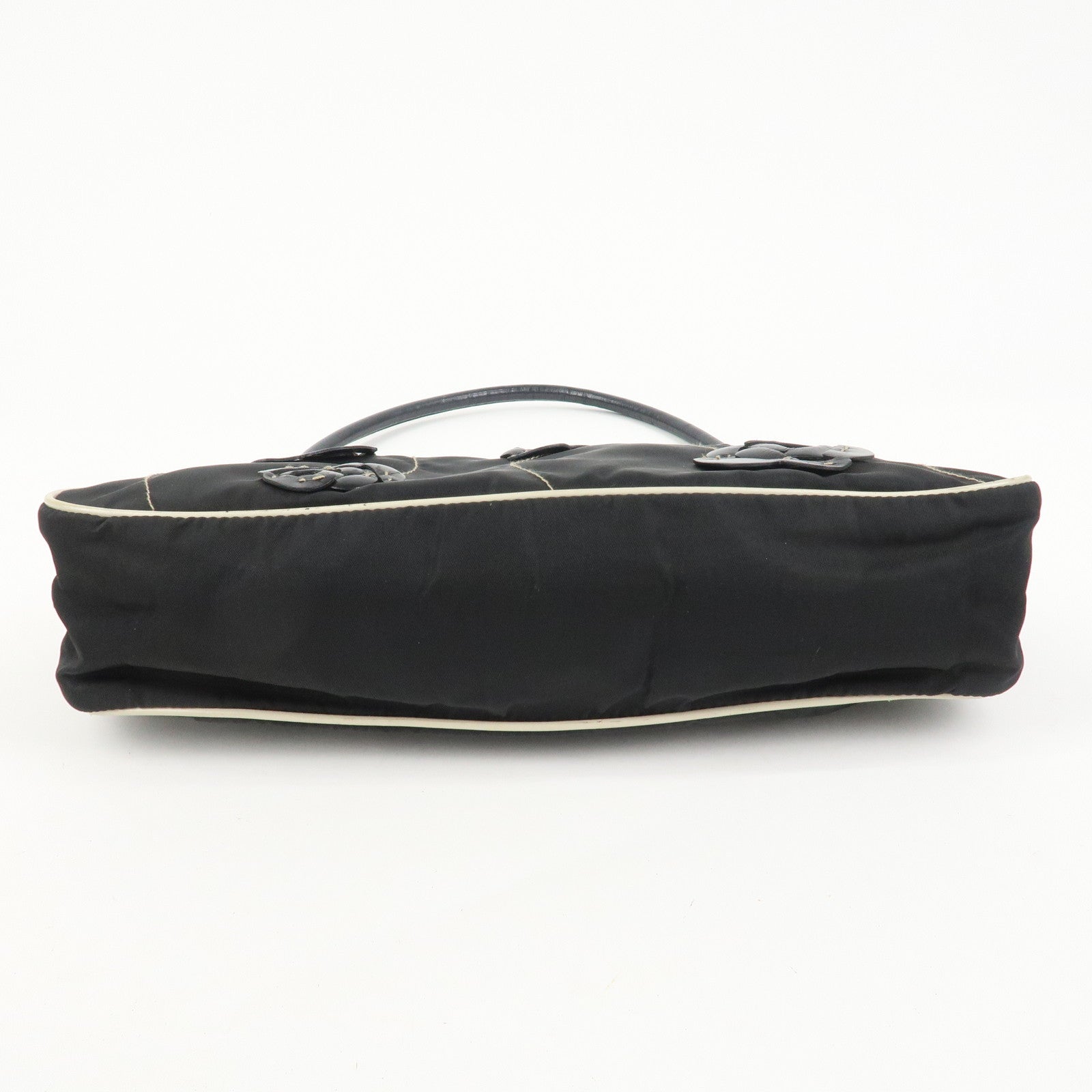 PRADA Nylon Leather Shoulder Bag Hand Bag Flower Motif Black