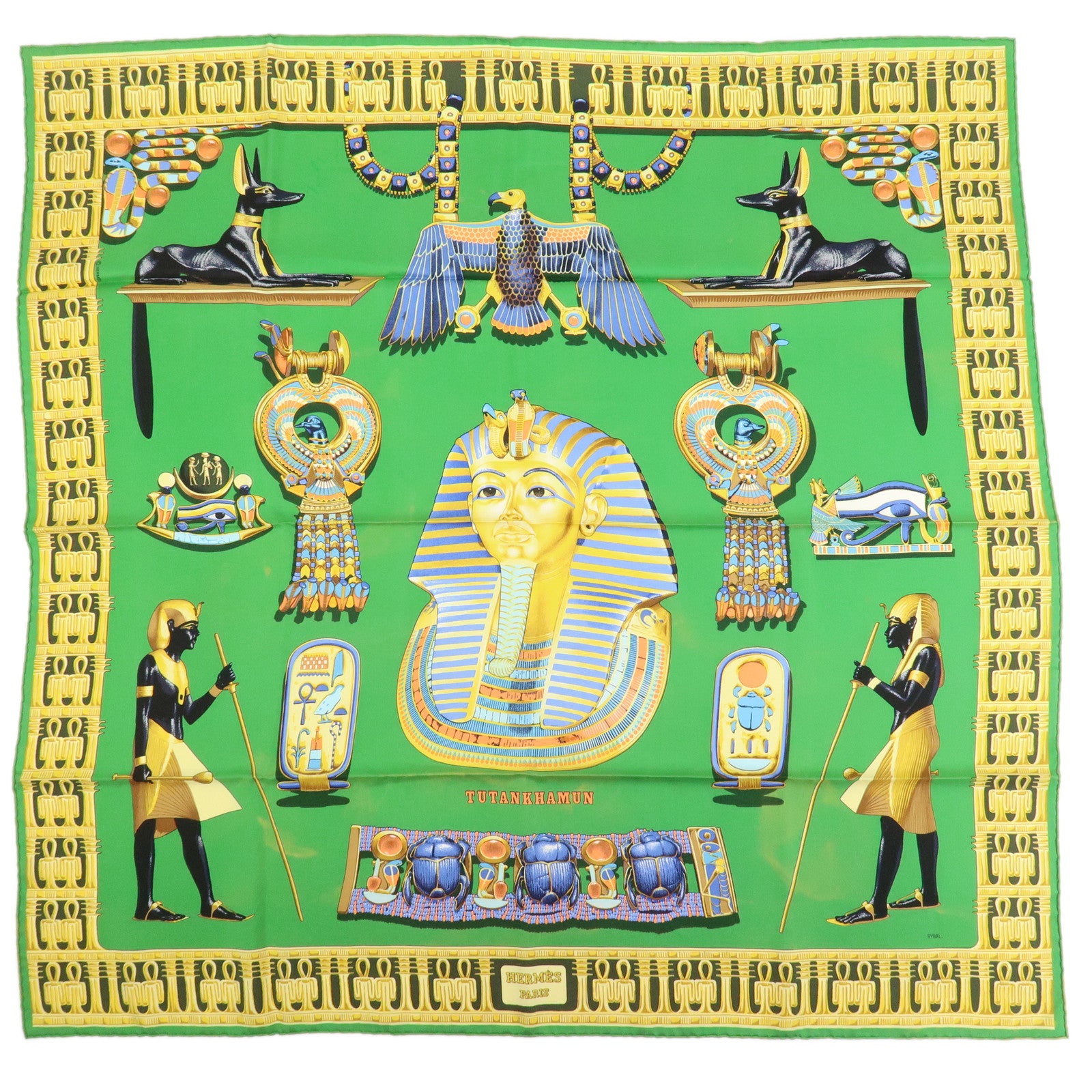 HERMES Carre 90 Silk 100% Scarf TUTANKHAMUN Green Gold