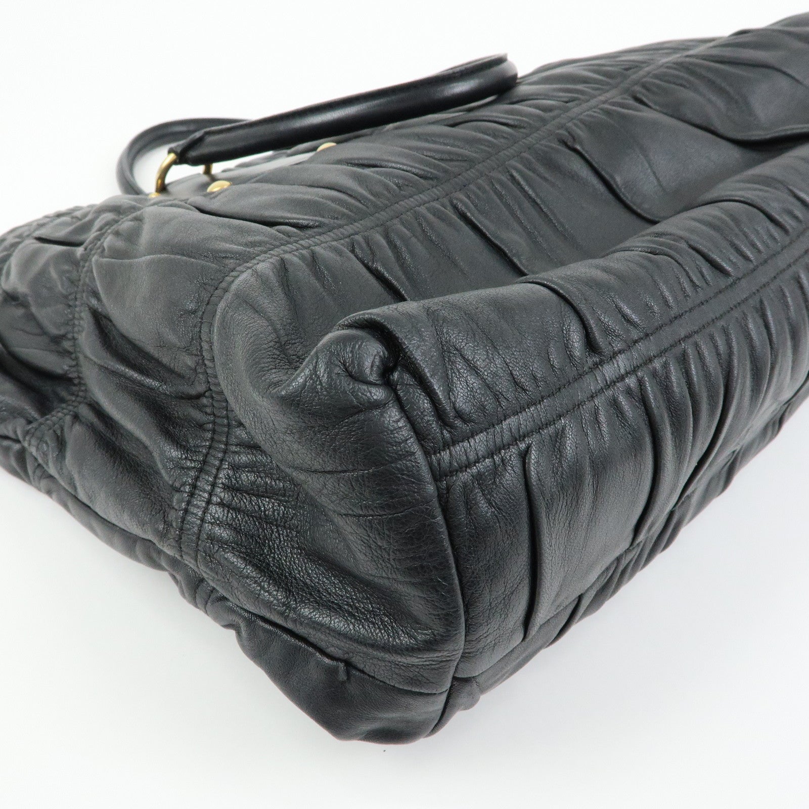 PRADA Logo Leather Gathered Tote Bag Hand Bag Black
