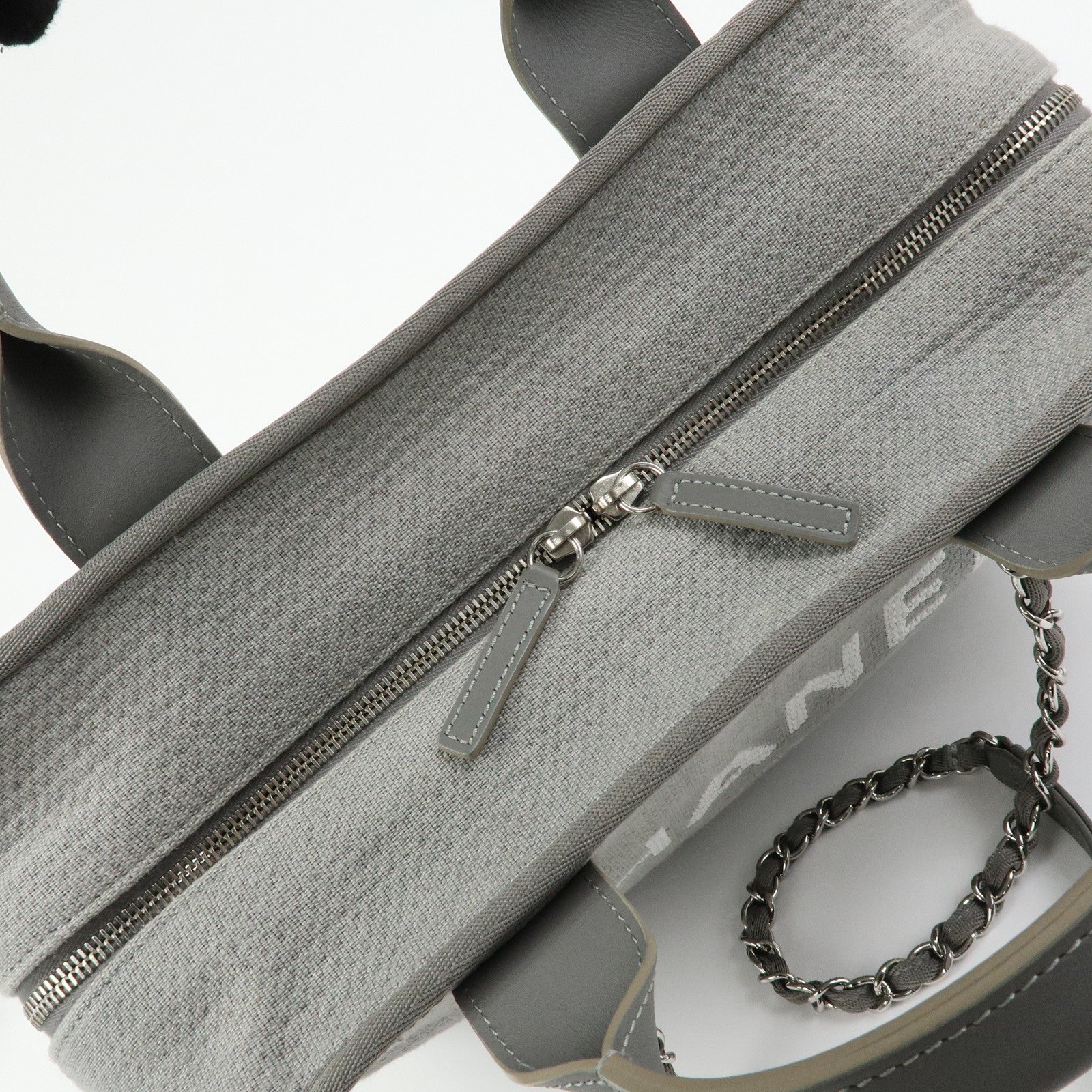 CHANEL Deauville Canvas Leather 2Way Boston Chain Shoulder Bag Gray