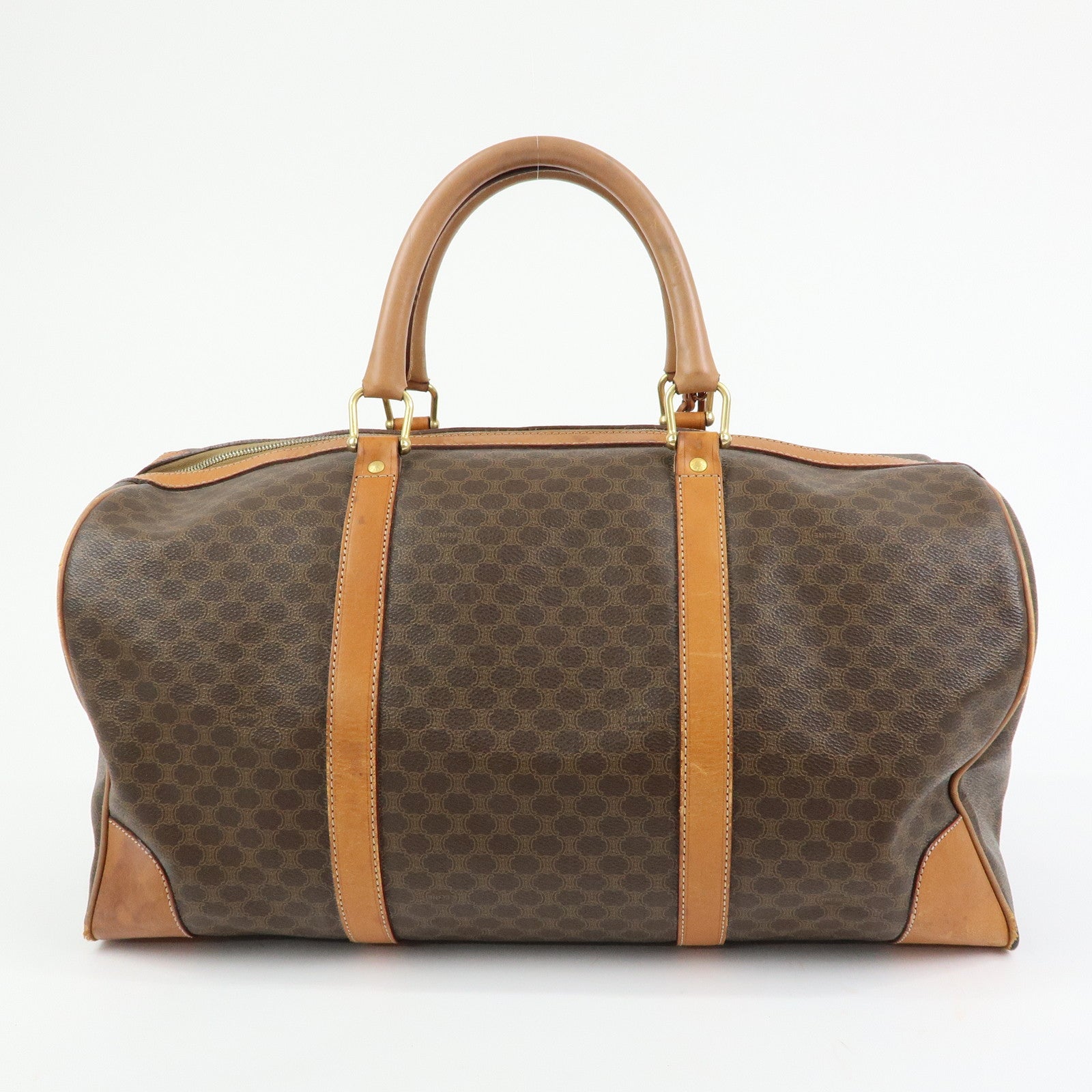 CELINE Logo Macadam PVC Leather Boston Bag Hand Bag Brown