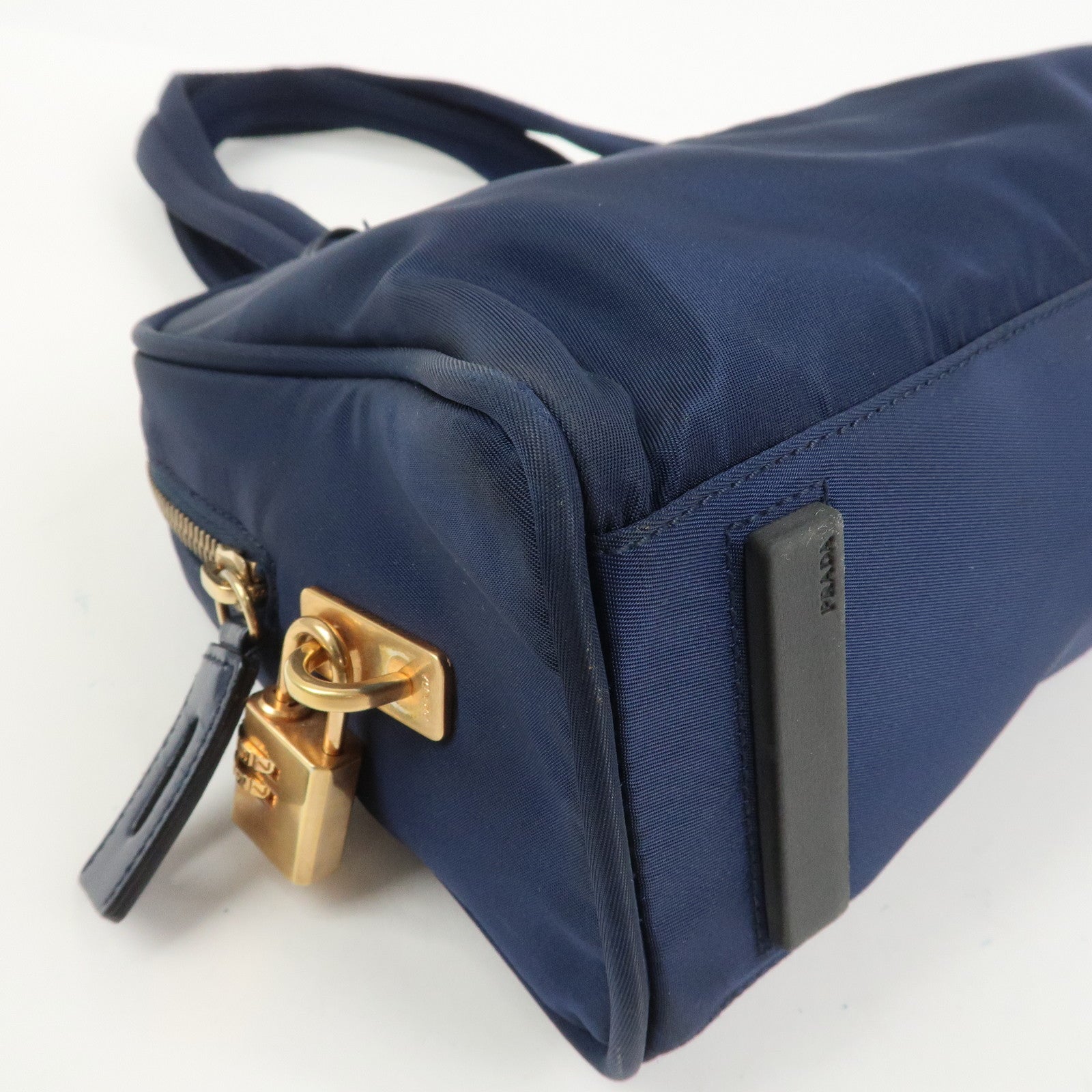 PRADA Triangle Logo Nylon Leather Hand Bag Navy