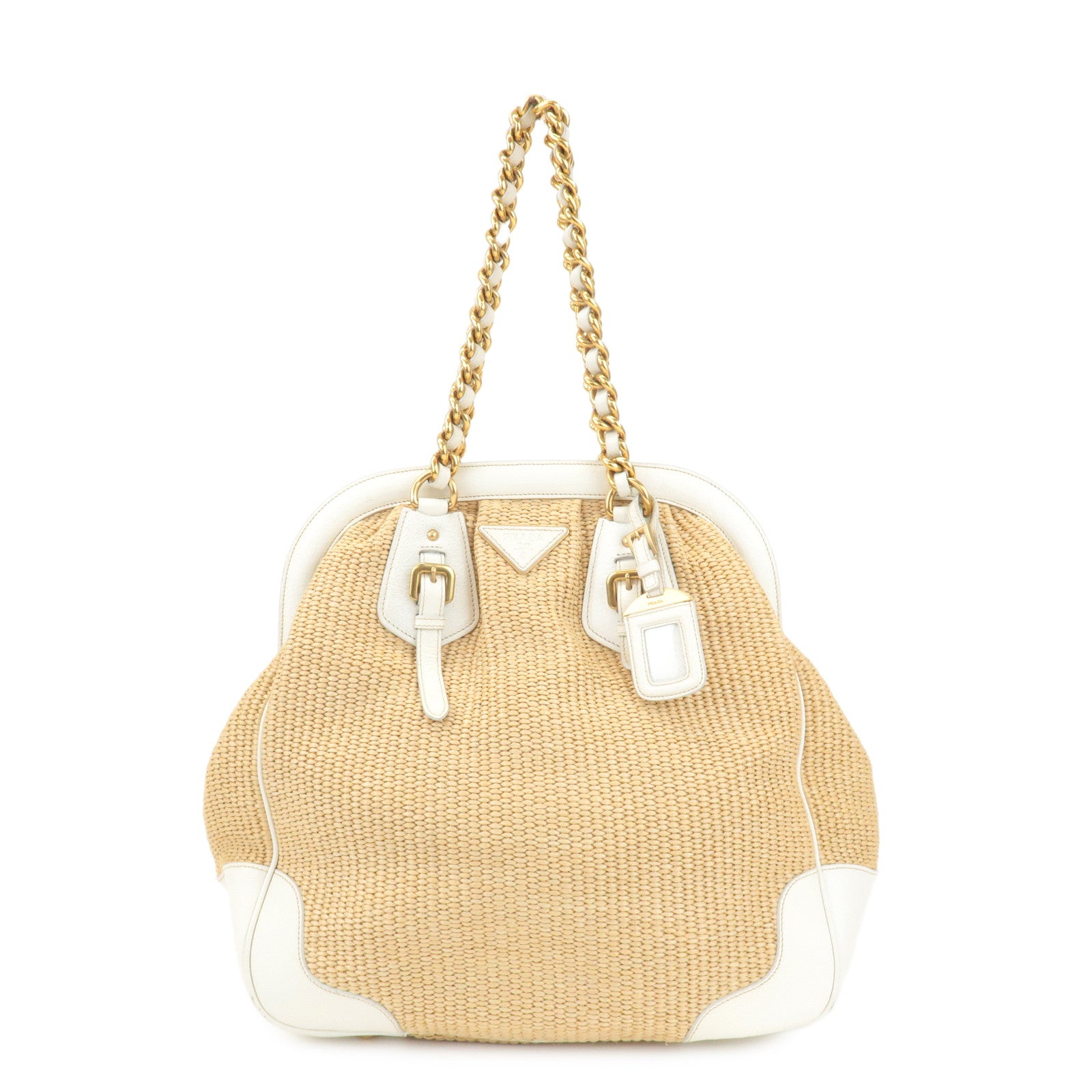 PRADA Triangle Leather Raffia Shoulder Bag Straw Bag Beige BR3693 Used