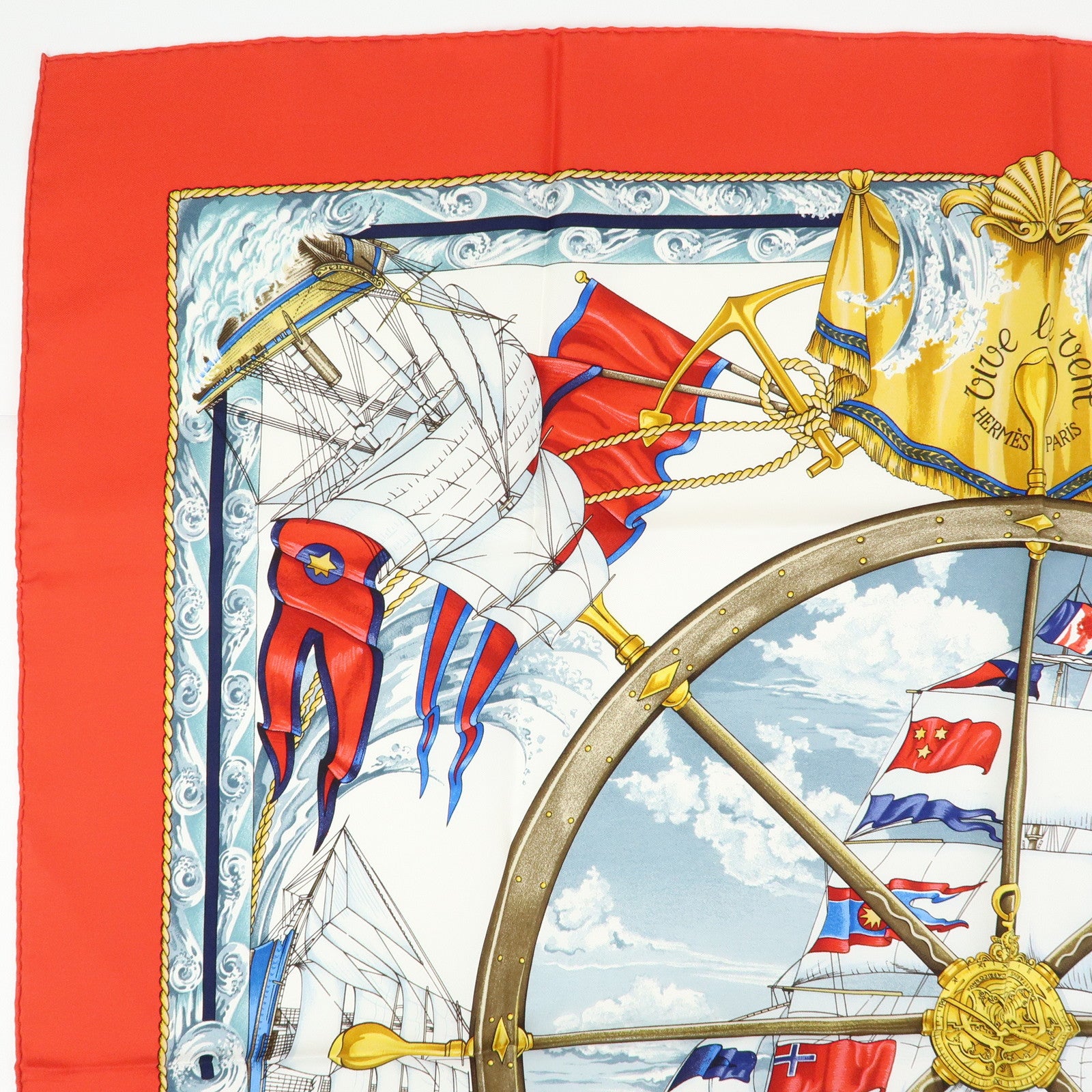 HERMES Carre 90 Silk 100% Scarf VIVE LE VENT Red White