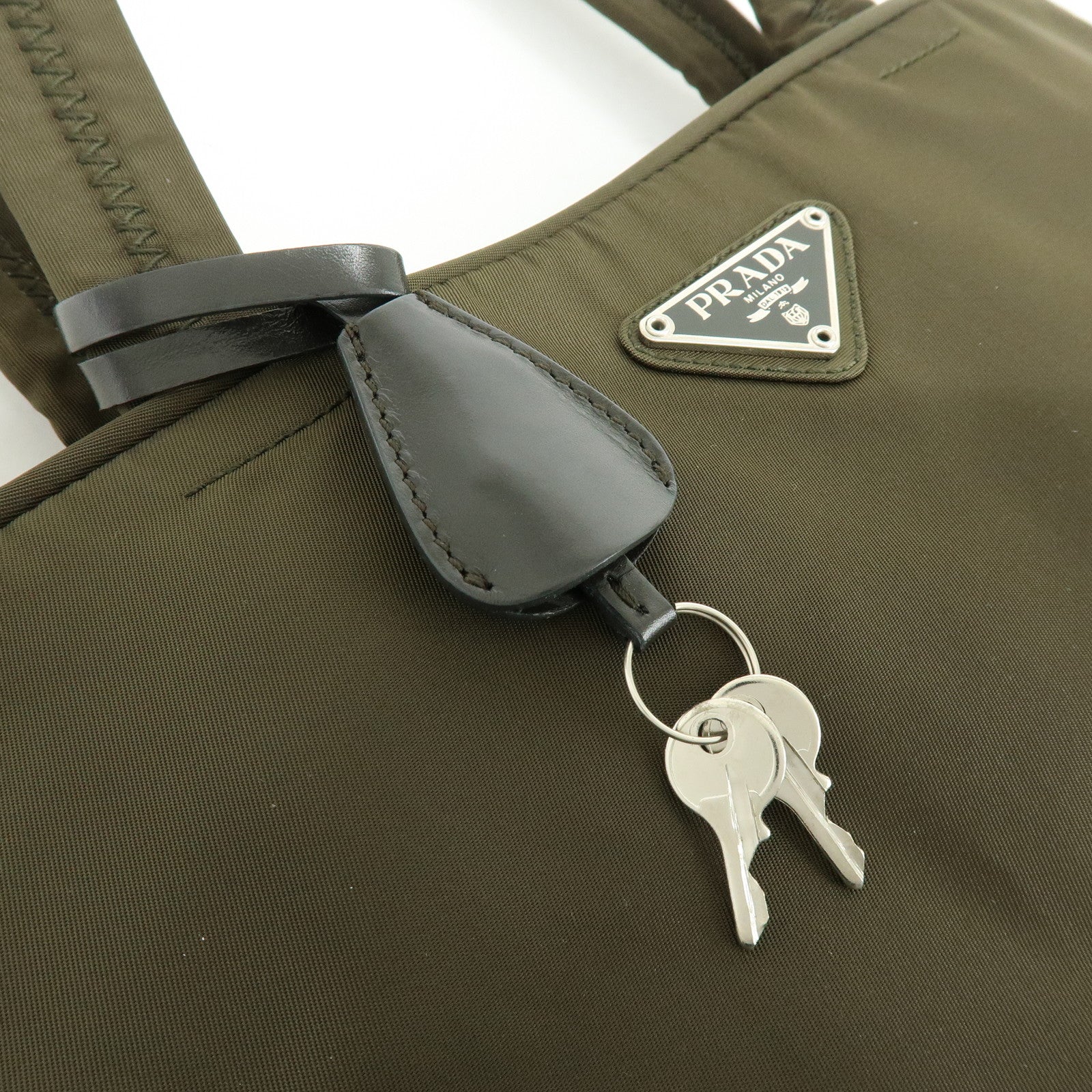 PRADA Triangle Logo Nylon Leather Tote Bag Hand Bag Khaki