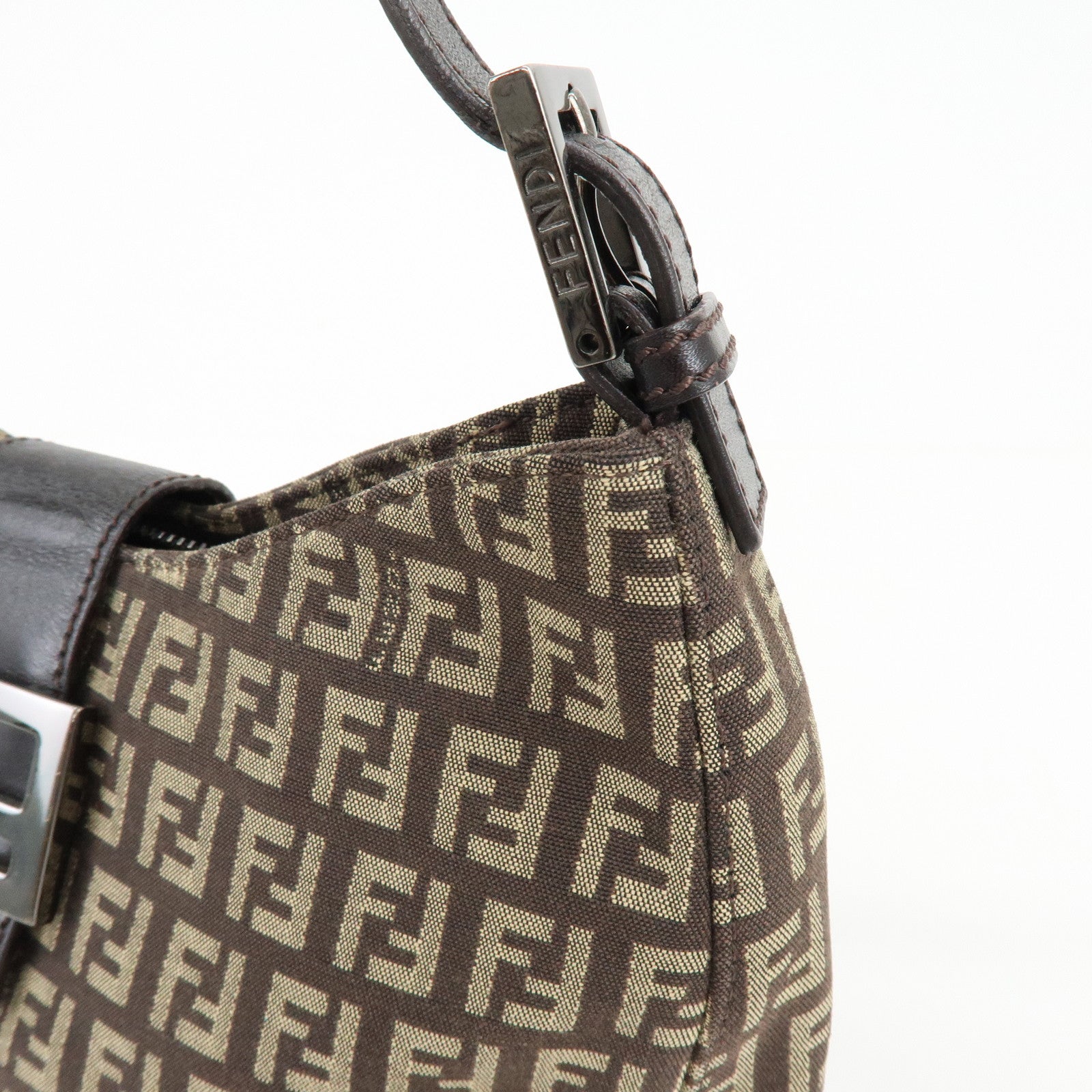 FENDI Zucchino Canvas Leather Shoulder Bag Brown 8BR036