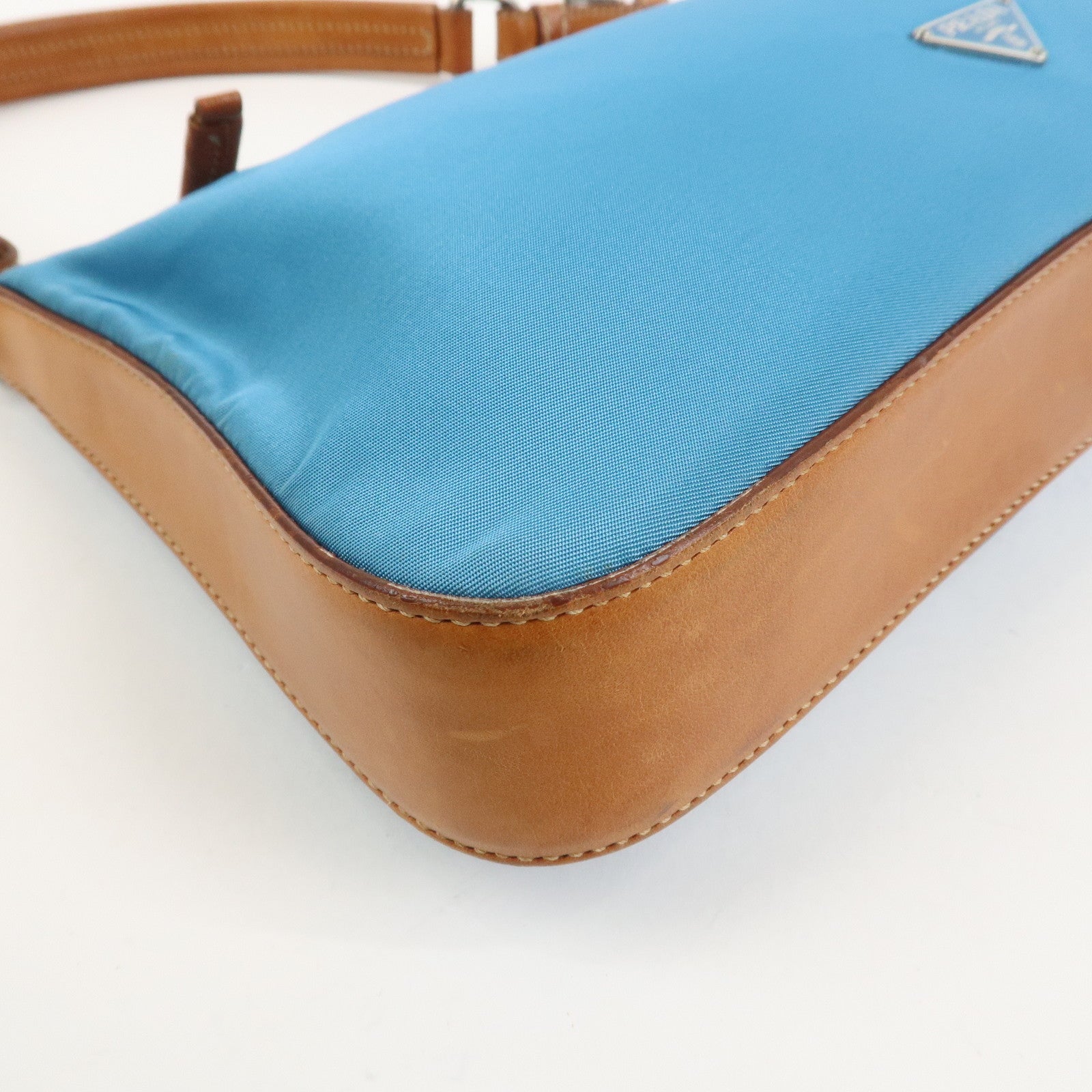 PRADA Triangle Logo Nylon Leather Shoulder Bag Blue Brown BR2205
