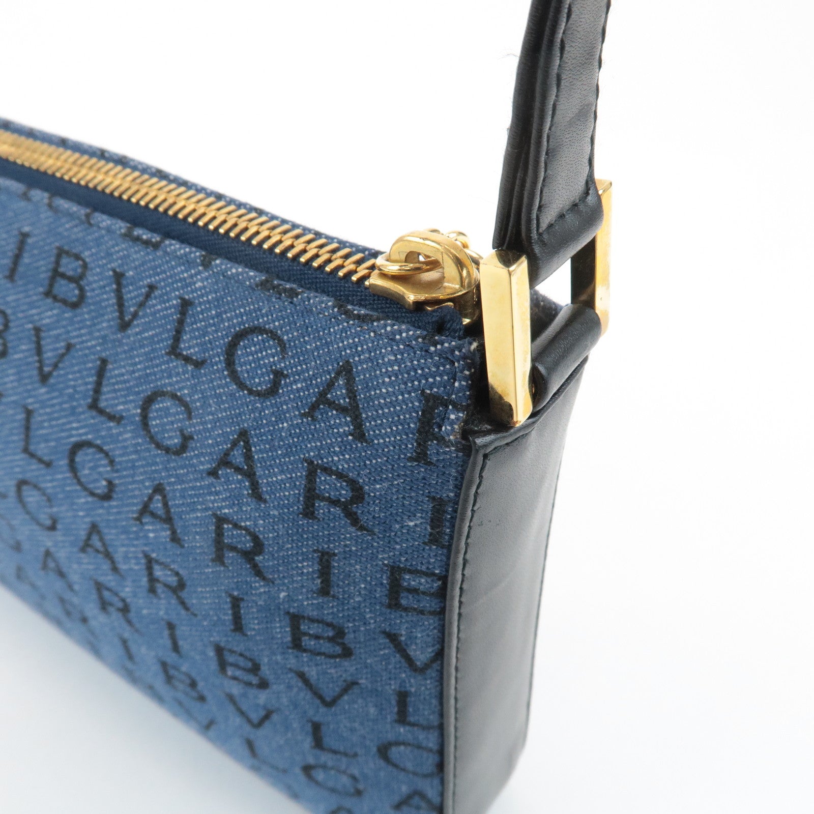 BVLGARI Logo Mania Denim Shoulder Bag Black Navy Blue Used