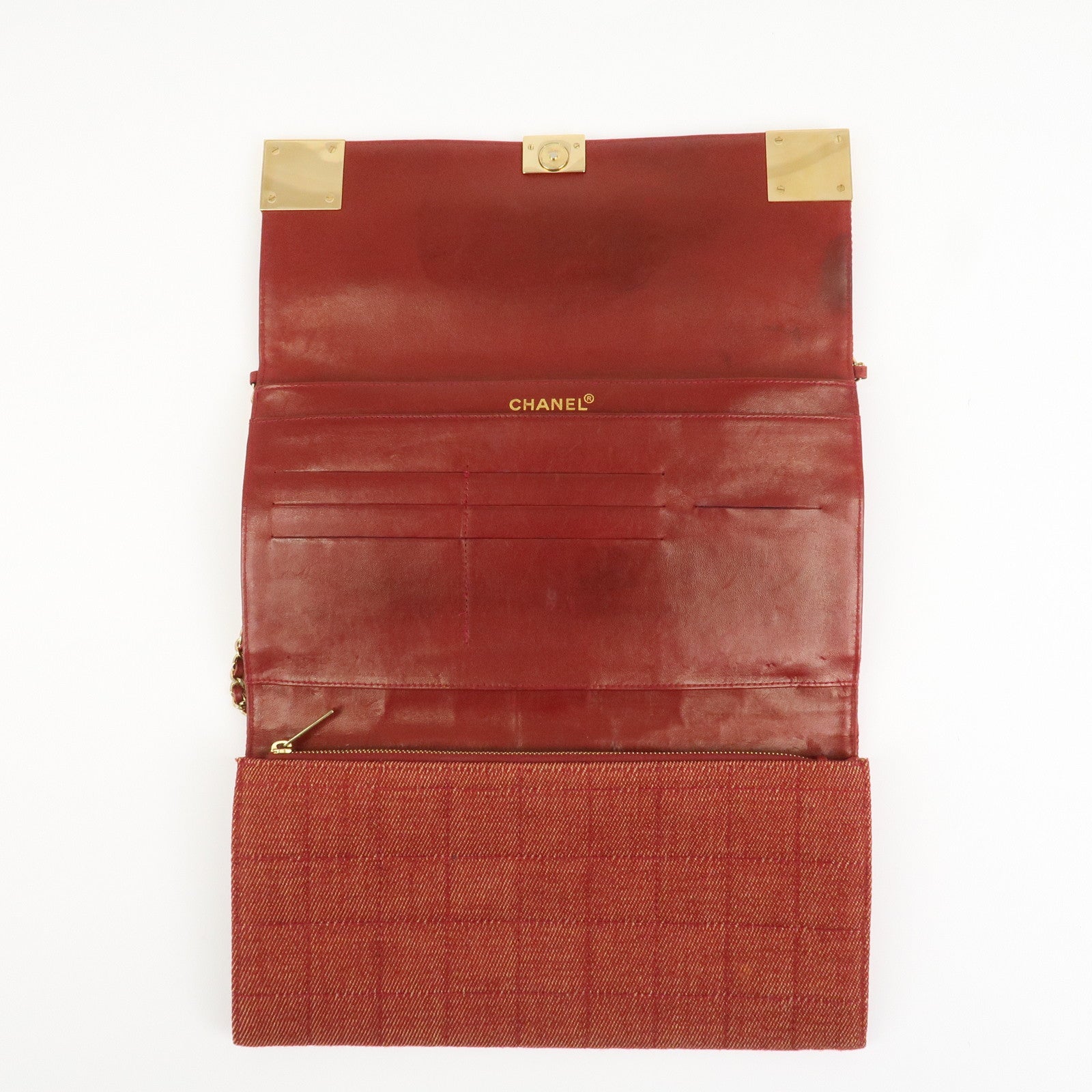 CHANEL Denim Lamb Skin Leather Chain Shoulder Bag Red
