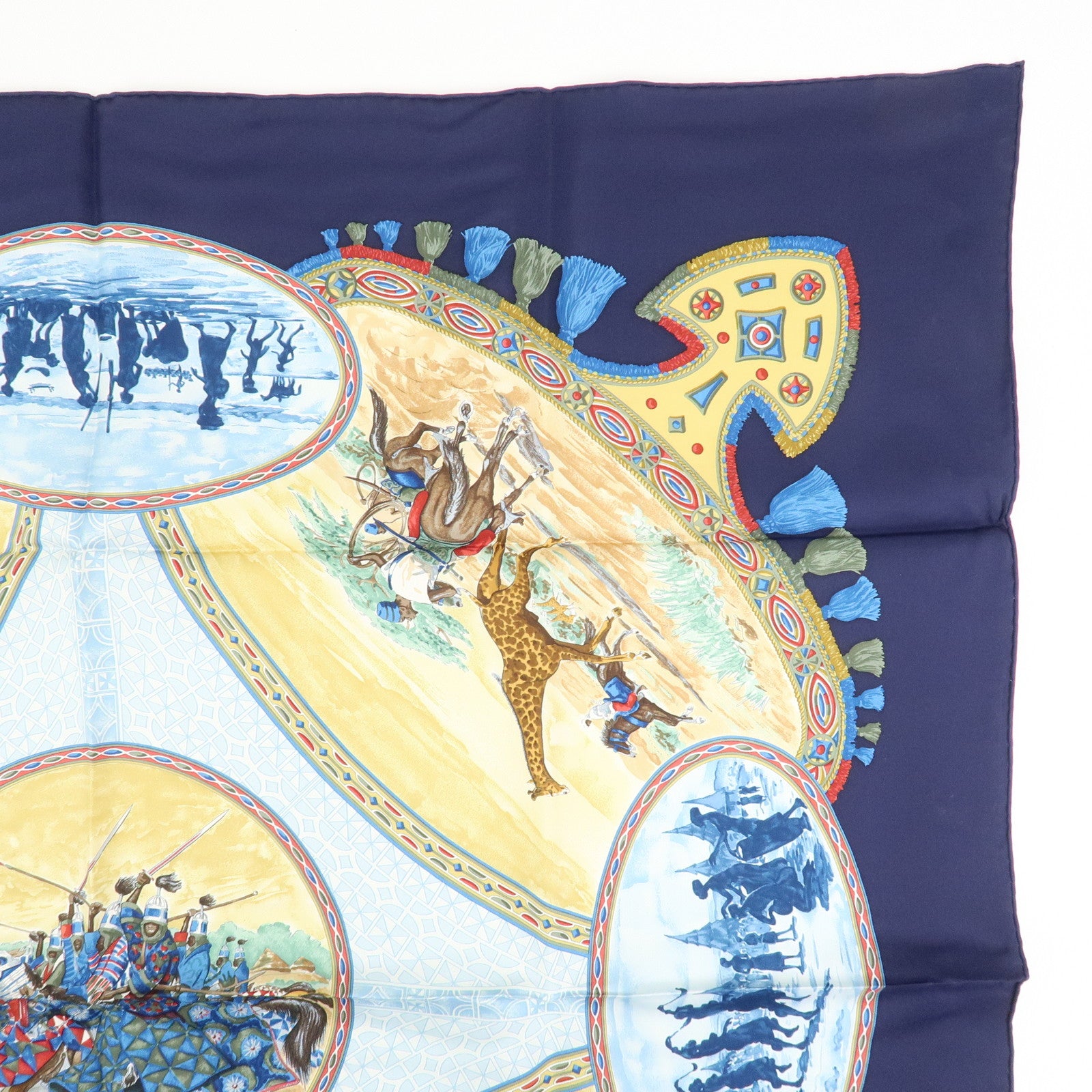 HERMES Carre 90 Silk 100% Scarf CAVALIERS PEULS Blue Yellow