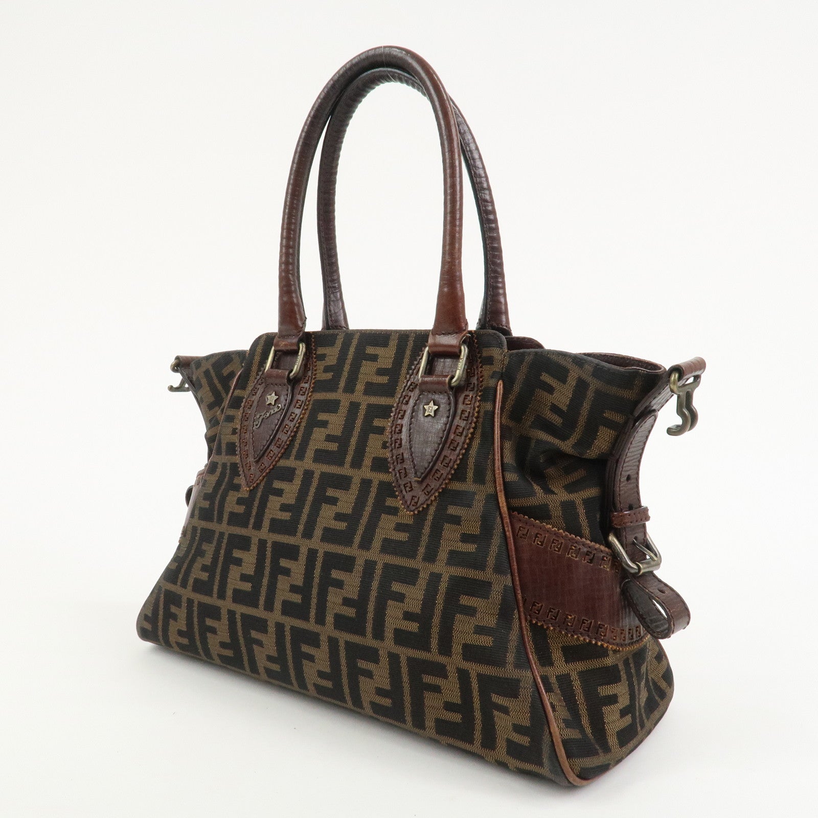 FENDI Ethnico Zucca Canvas Leather Tote Bag Shoulder Bag 8BN157