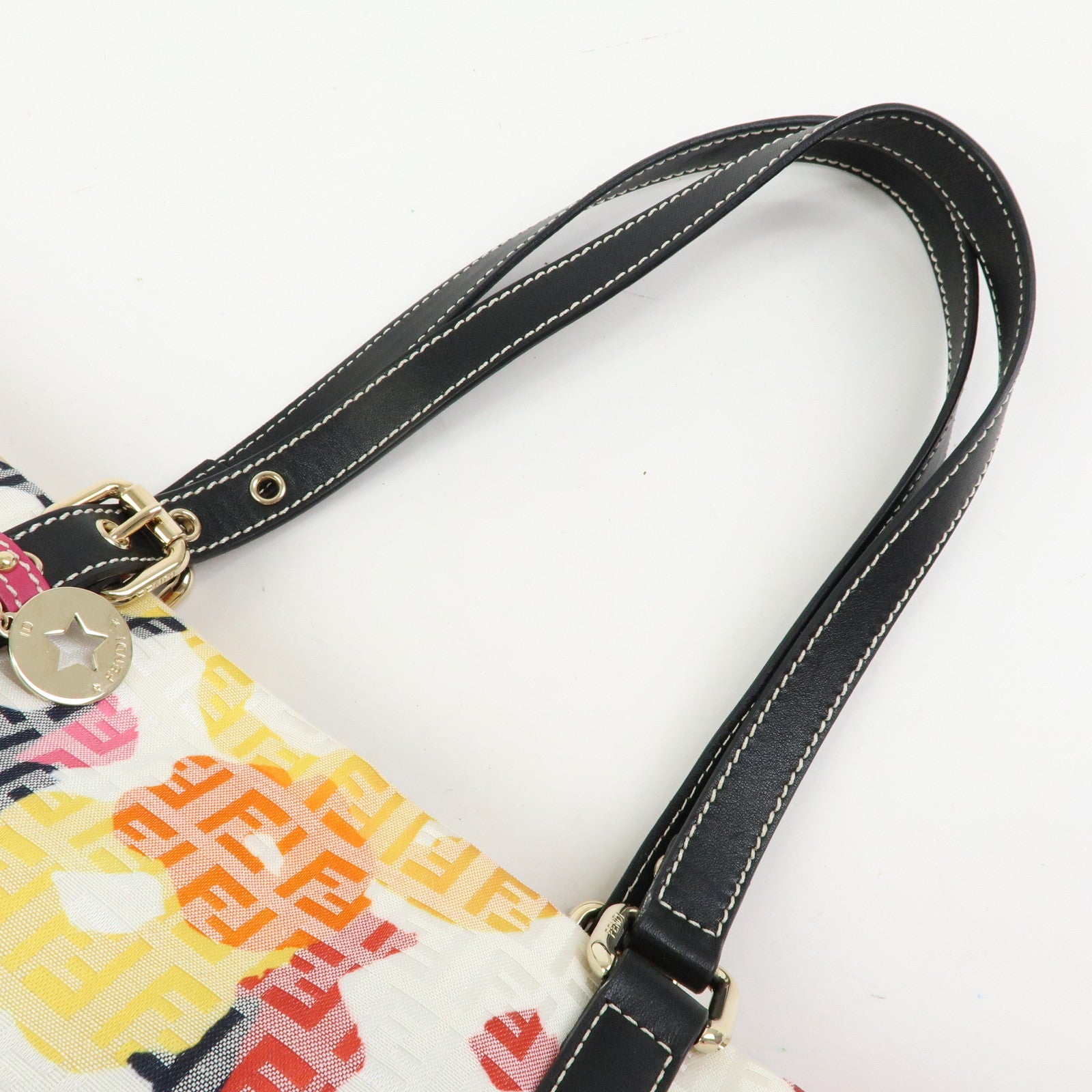 FENDI Zucchino Canvas Leather Flower Tote Bag Shoulder Bag 8BH215