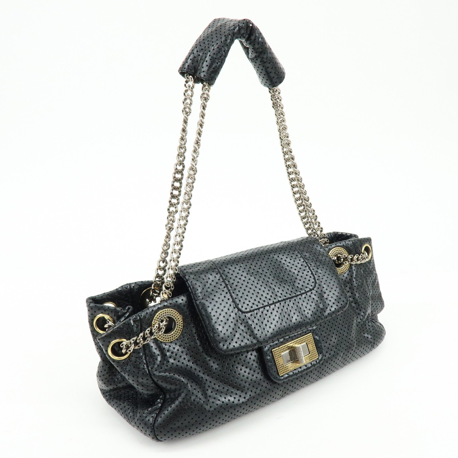 CHANEL 2.55 Punching Calf Leather Chain Shoulder Bag Black