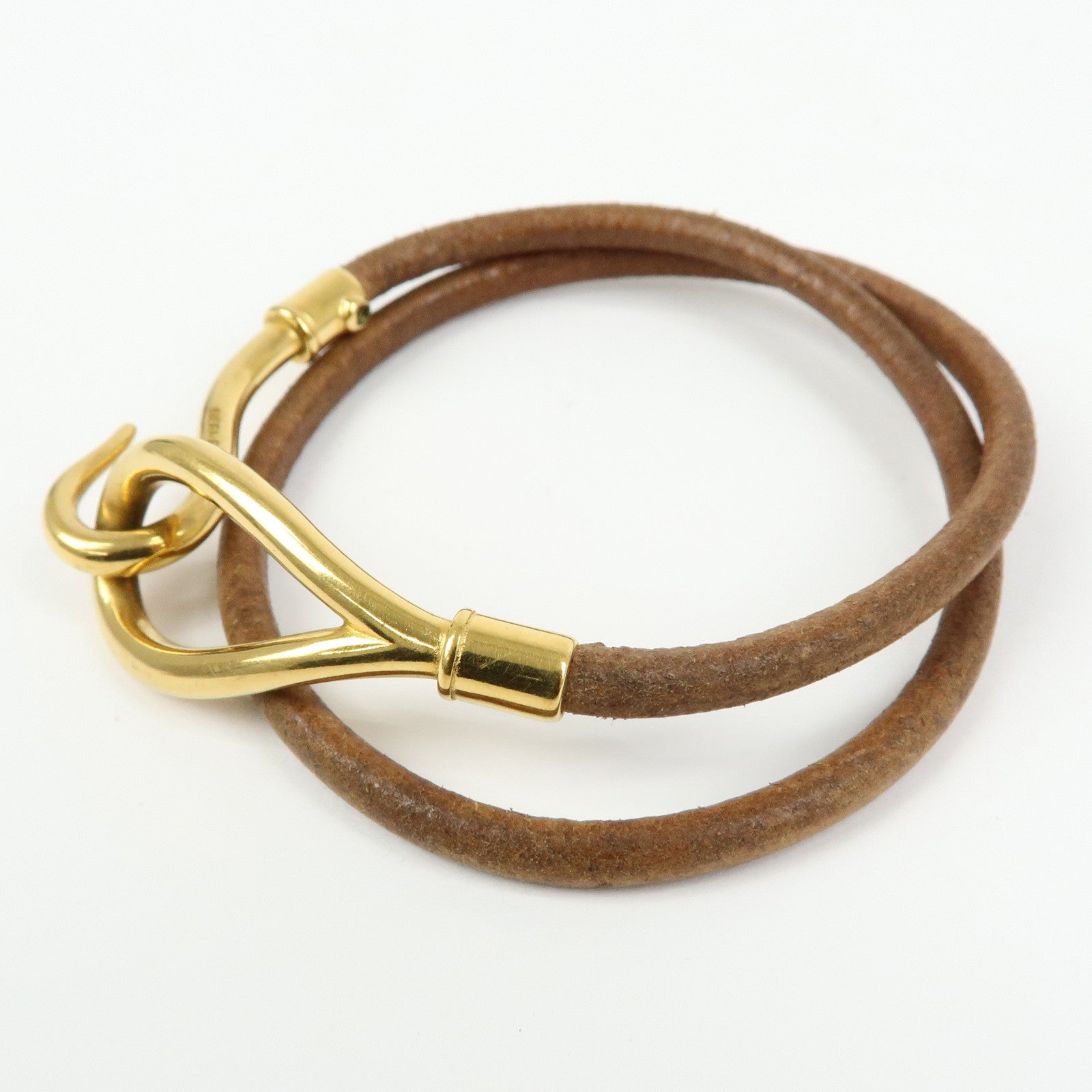 HERMES Jumbo Choker Leather Metal Bracelet Gold Brown
