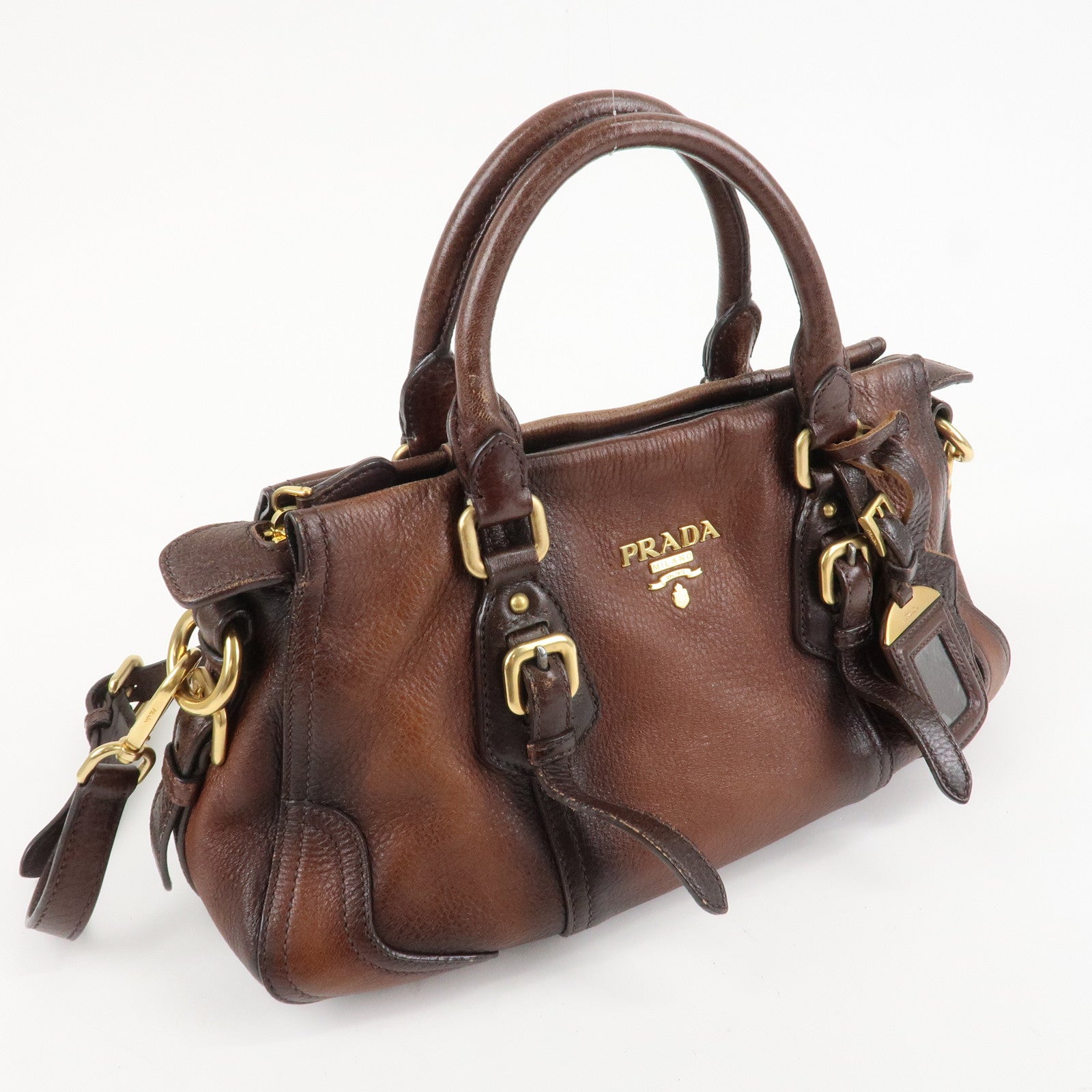 PRADA Logo Leather 2WAY Tote Bag Hand Bag Brown Gold Hardware Used