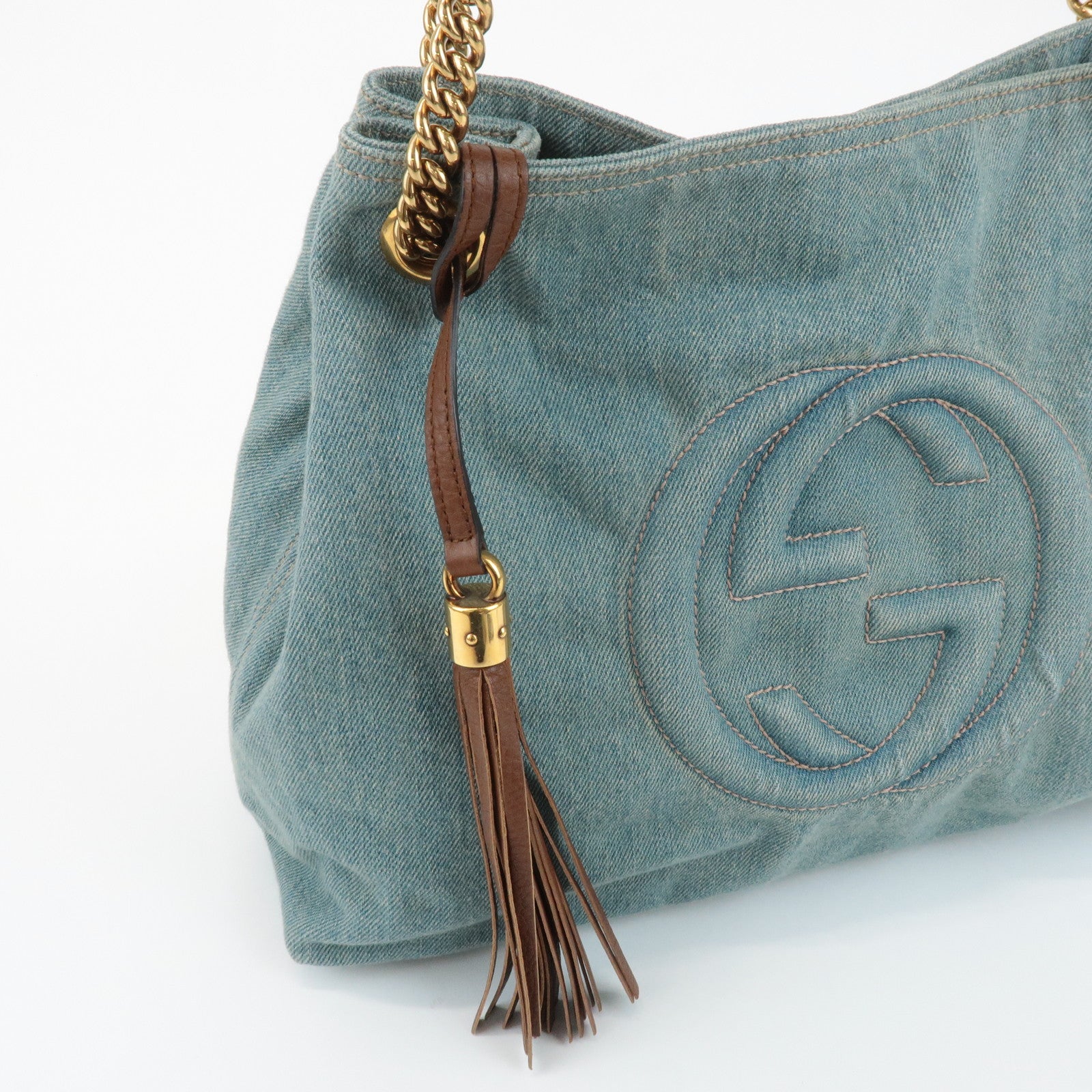 GUCCI SOHO Denim Leather Chain Shoulder Bag Fringe Charm Blue 308982 Used