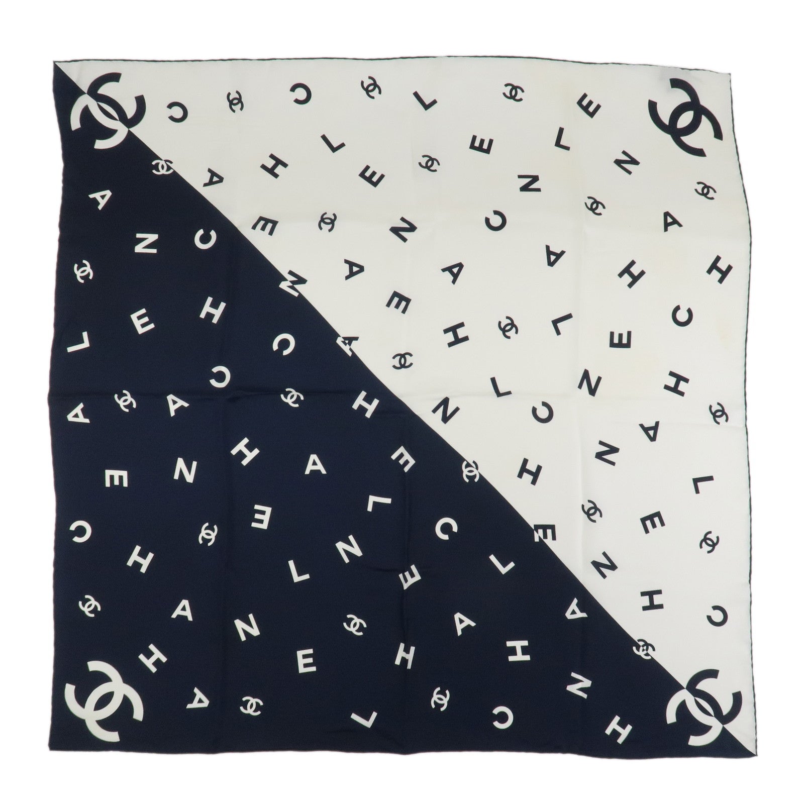 CHANEL COCO Mark Silk 100% Scarf White Navy