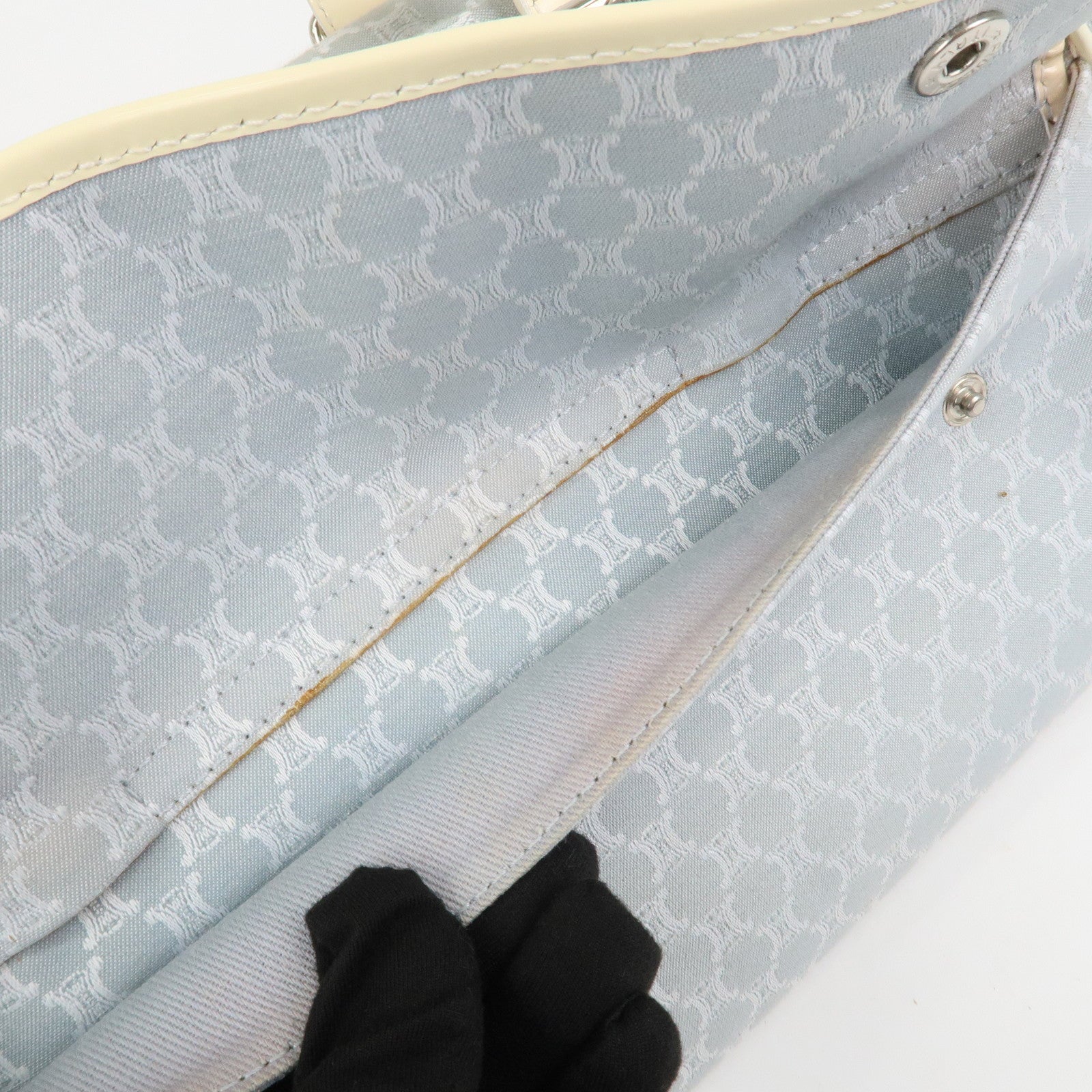 CELINE Macadam Canvas Leather Shoulder Bag Hand Bag Blue Ivory