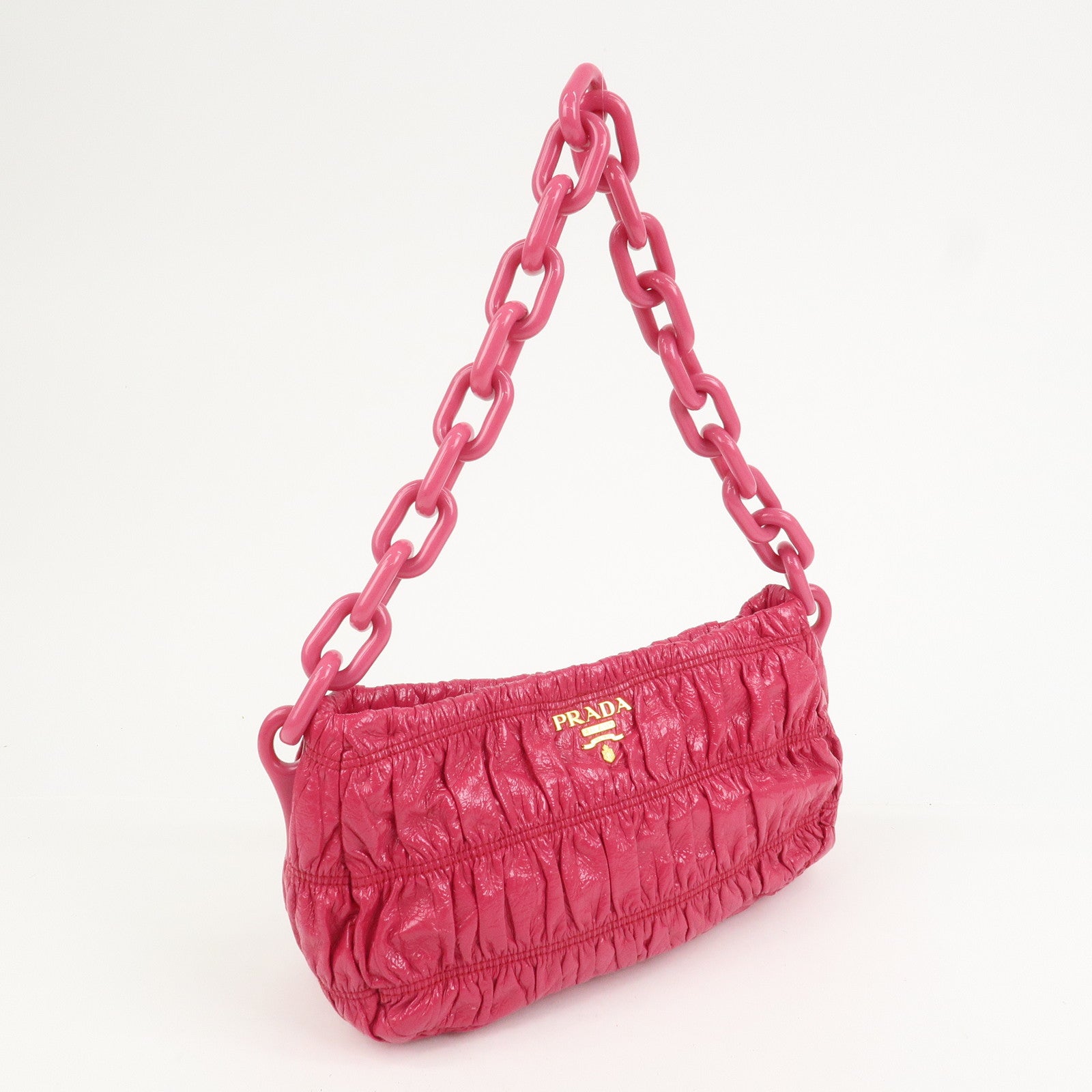 PRADA Logo Patent Leather Chain Shoulder Bag Hand Bag Pink BR4075