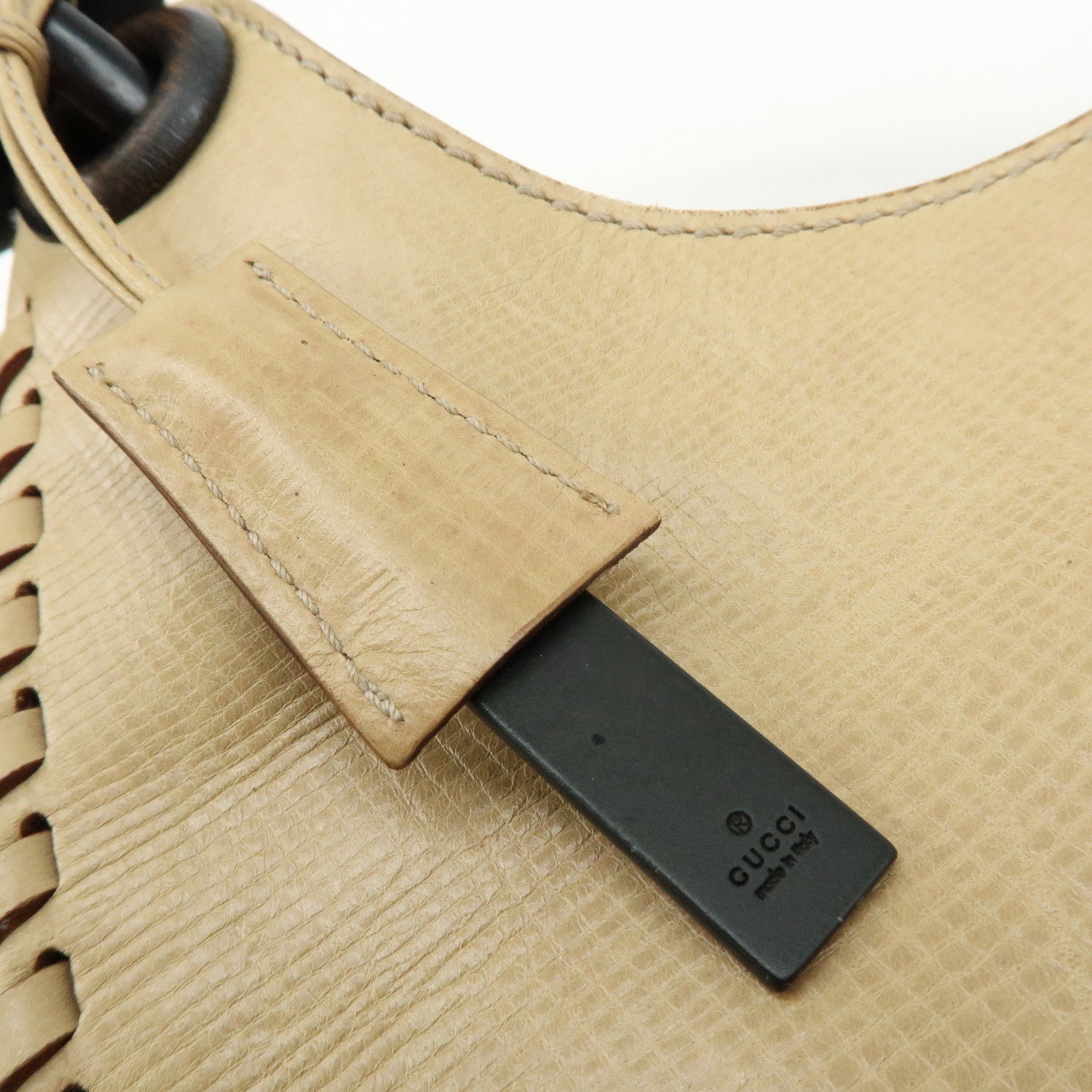 GUCCI Leather Wood Hand Bag Shoulder Bag Beige 106237