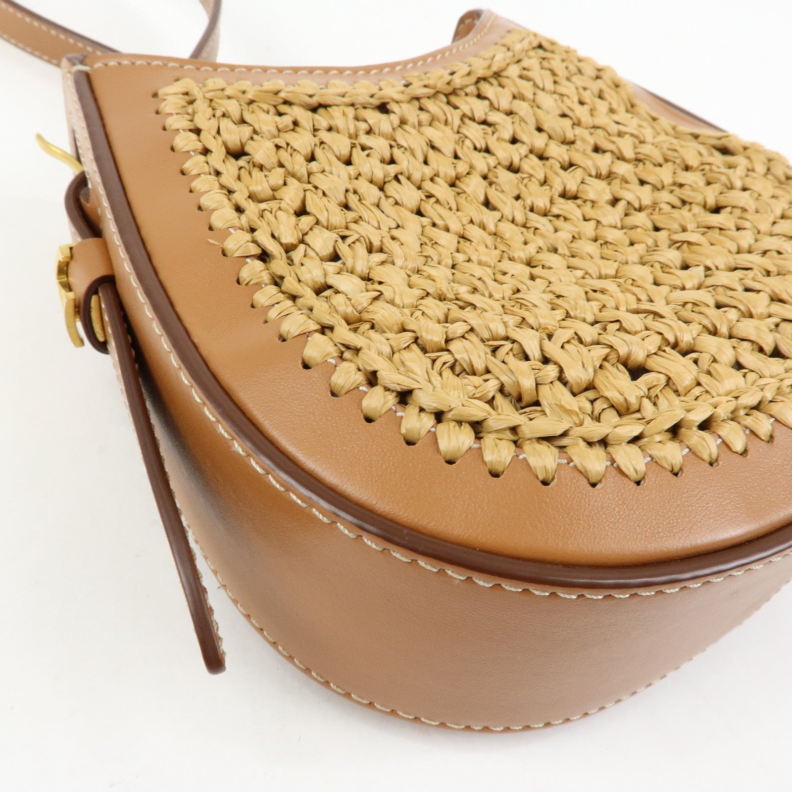 TOD'S Oboe Raffia Leather Shoulder Bag Crossbody Bag Beige Brown