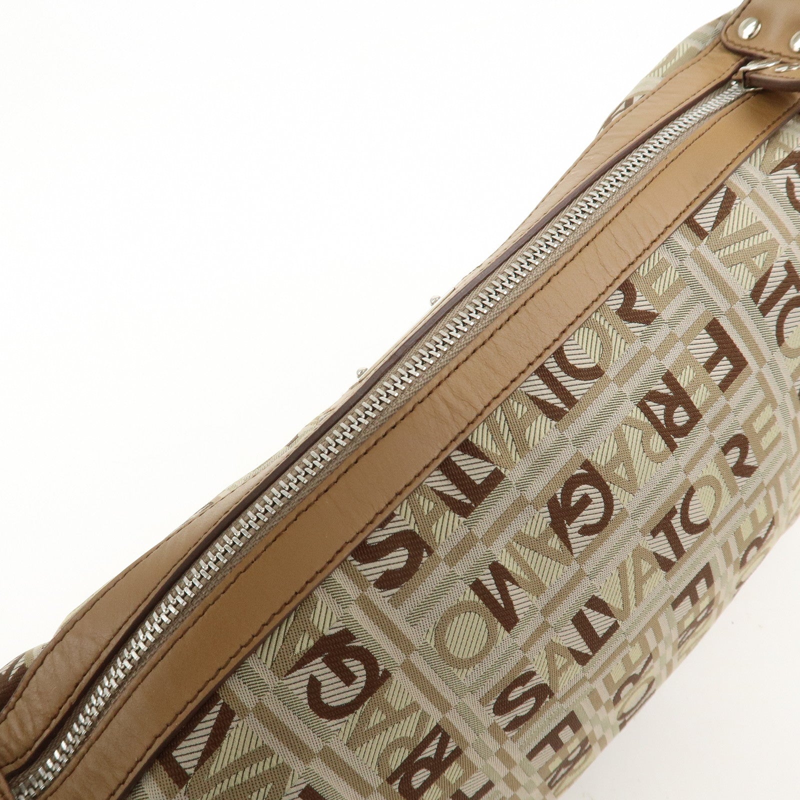 Ferragamo Logo Canvas Leather Hand Bag Shoulder Bag Beige Brown