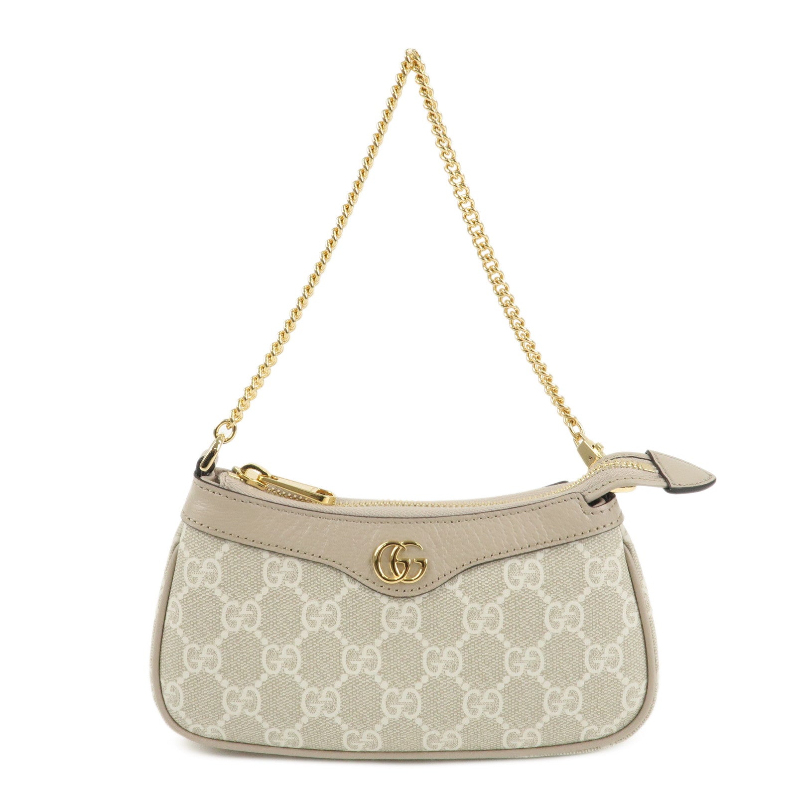 GUCCI Leather GG Supreme Chain Pouch Hand Bag Beige Brown 764960 Used