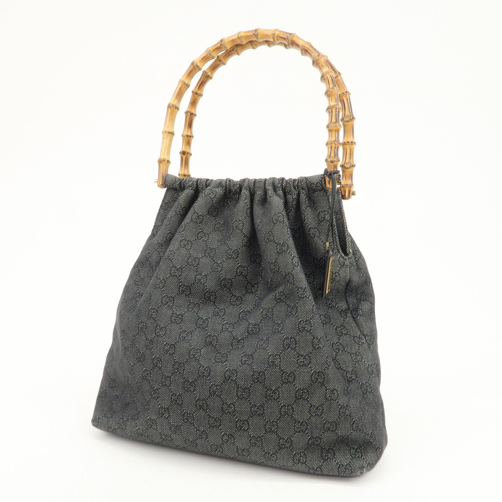 GUCCI Bamboo GG Monogram Denim Shoulder Bag Hand Bag Black 92709