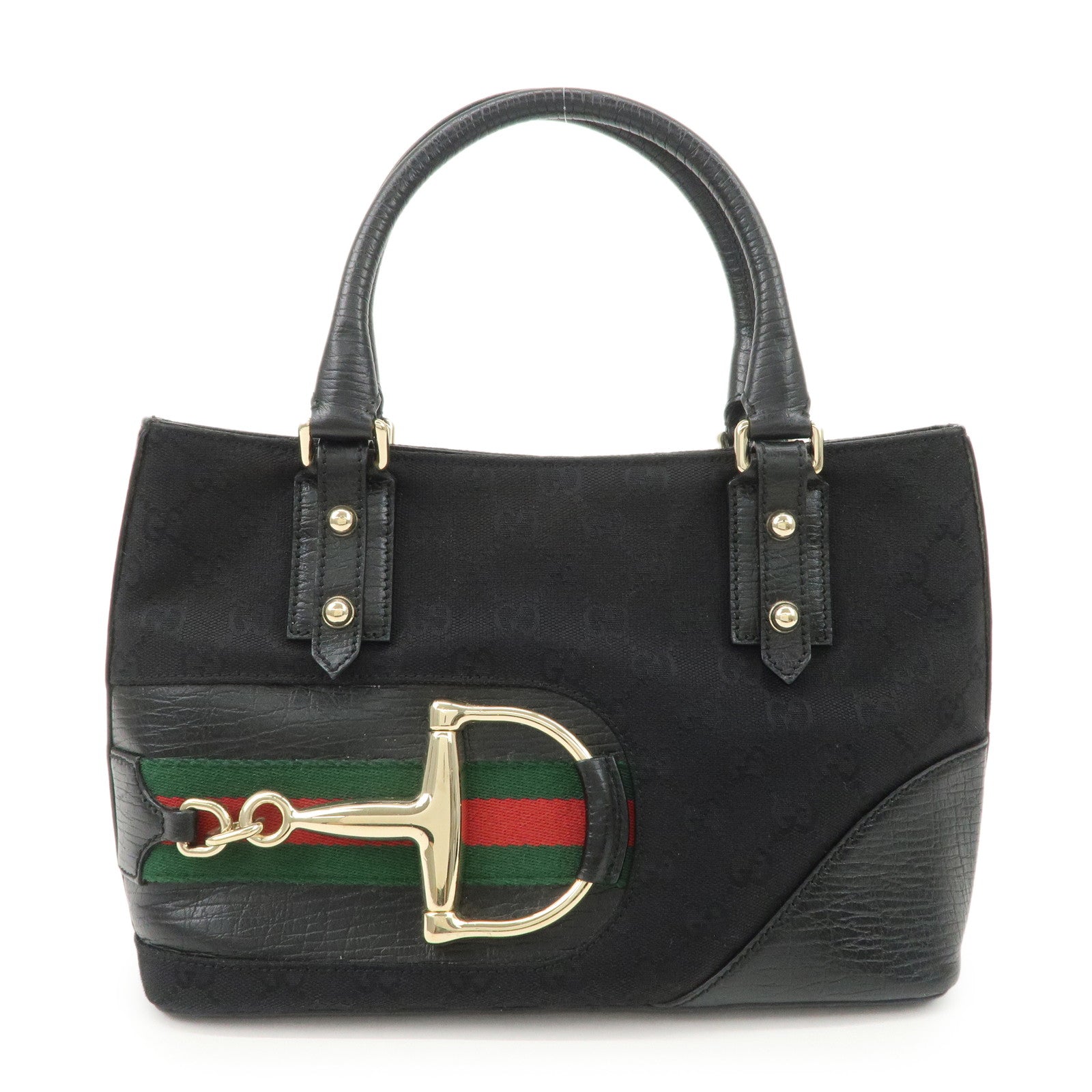 GUCCI Horsebit Sherry GG Canvas Leather Hand Bag Black 137475