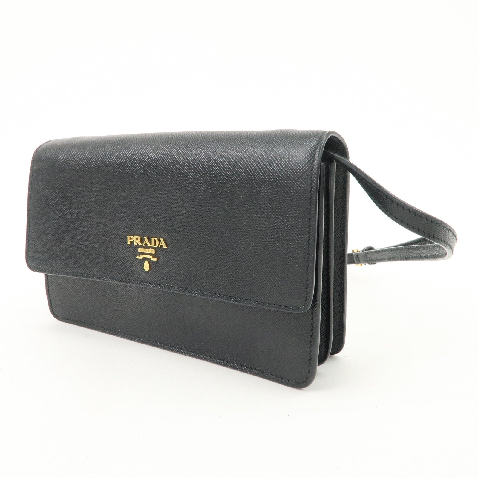 PRADA Saffiano Leather Shoulder Wallet Shoulder Bag Black BT1019