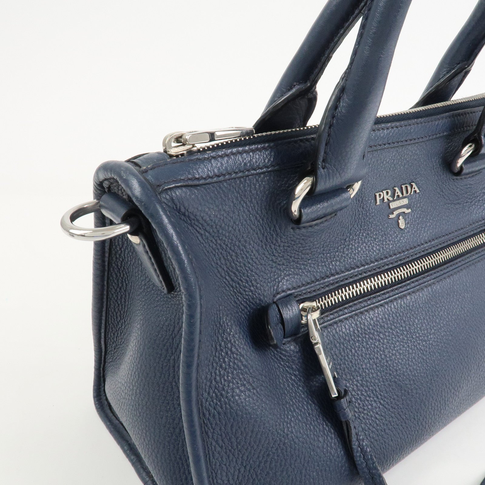 PRADA Logo Leather Vitello Phenix 2WAY Bag Hand Bag Navy 1BB022