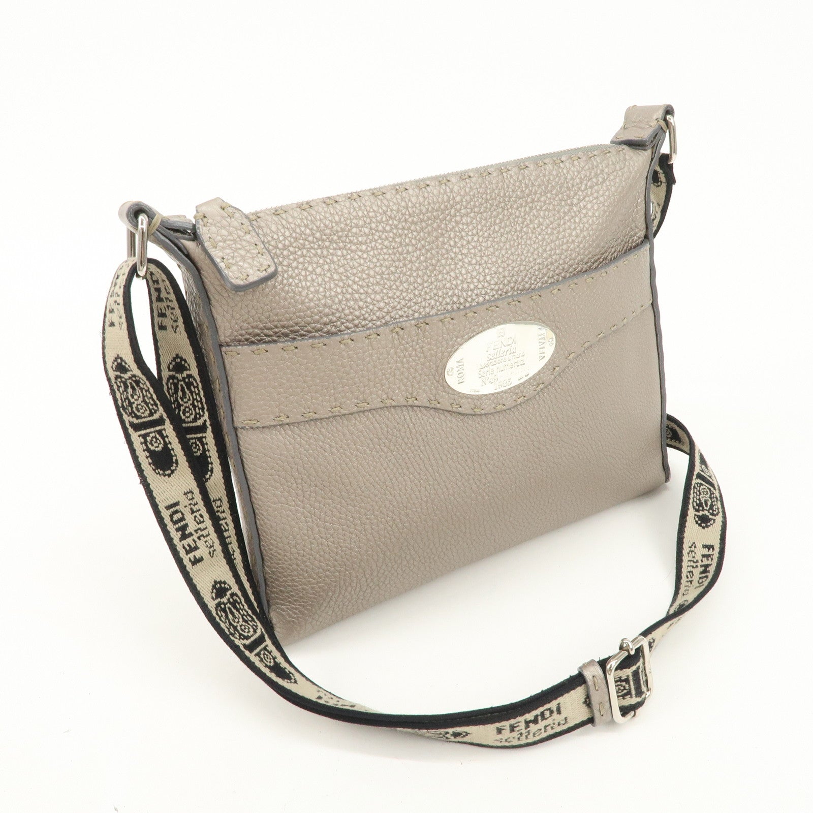 FENDI Selleria Leather Shoulder Crossbody Bag Metallic Gray 8BT092