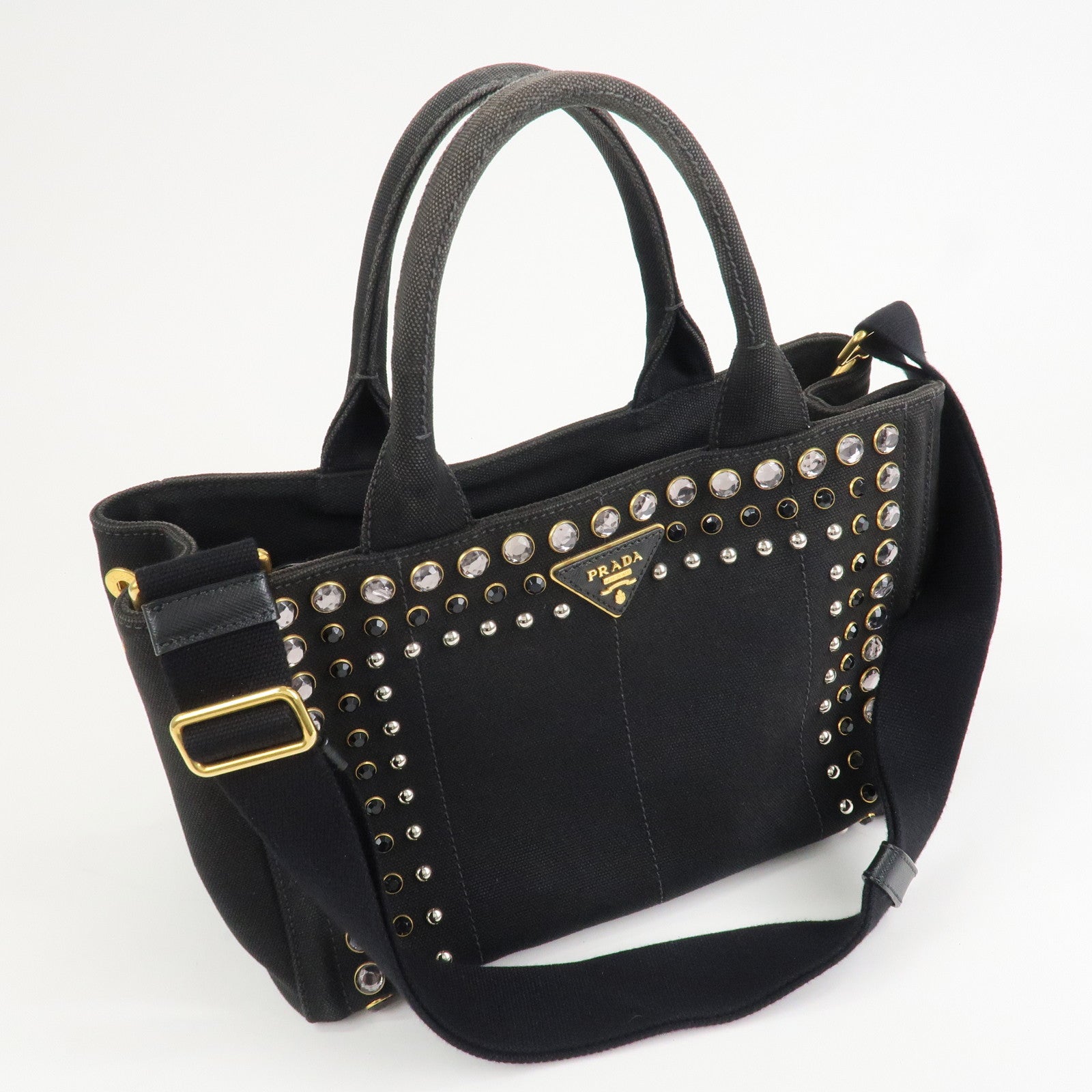 PRADA Triangle Logo Denim Canapa Bijoux 2Way Hand Bag Black B2642B