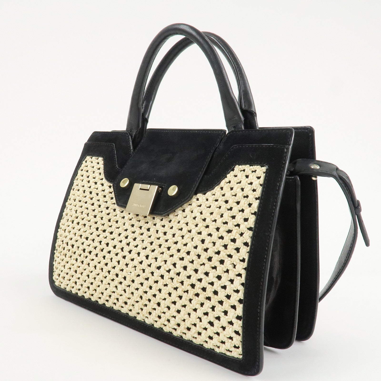 JIMMY CHOO Leather Suede Straw 2WAY Hand Bag Shoulder Bag Black Used