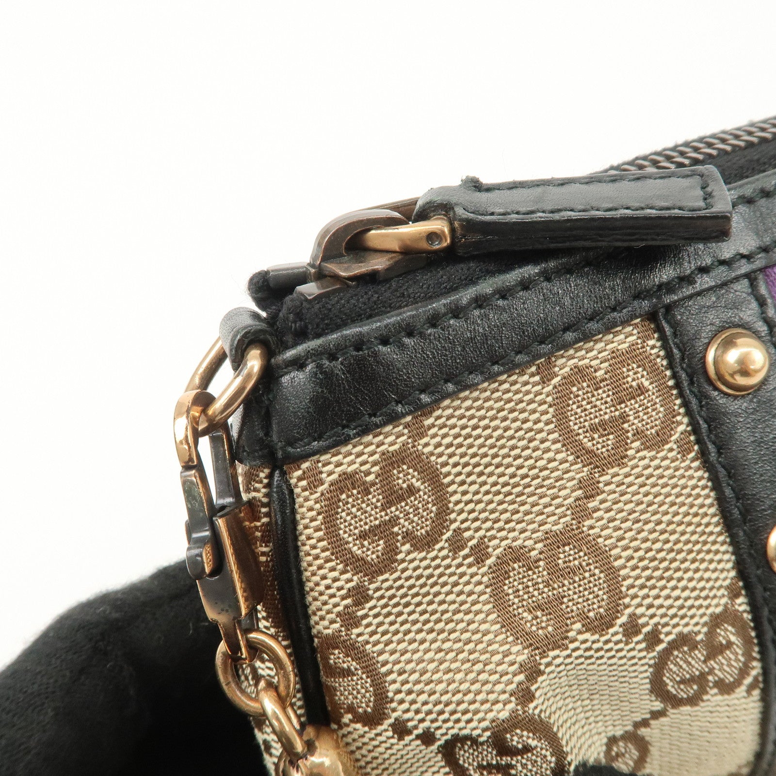 GUCCI Sherry Bamboo GG Canvas Leather Chain Bag Black Purple 129423 Used