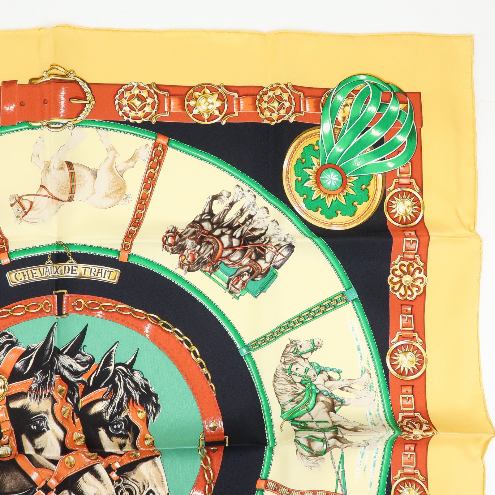 HERMES Carre 90 Silk 100% Scarf CHEVAUX DE TRAIT Black Beige